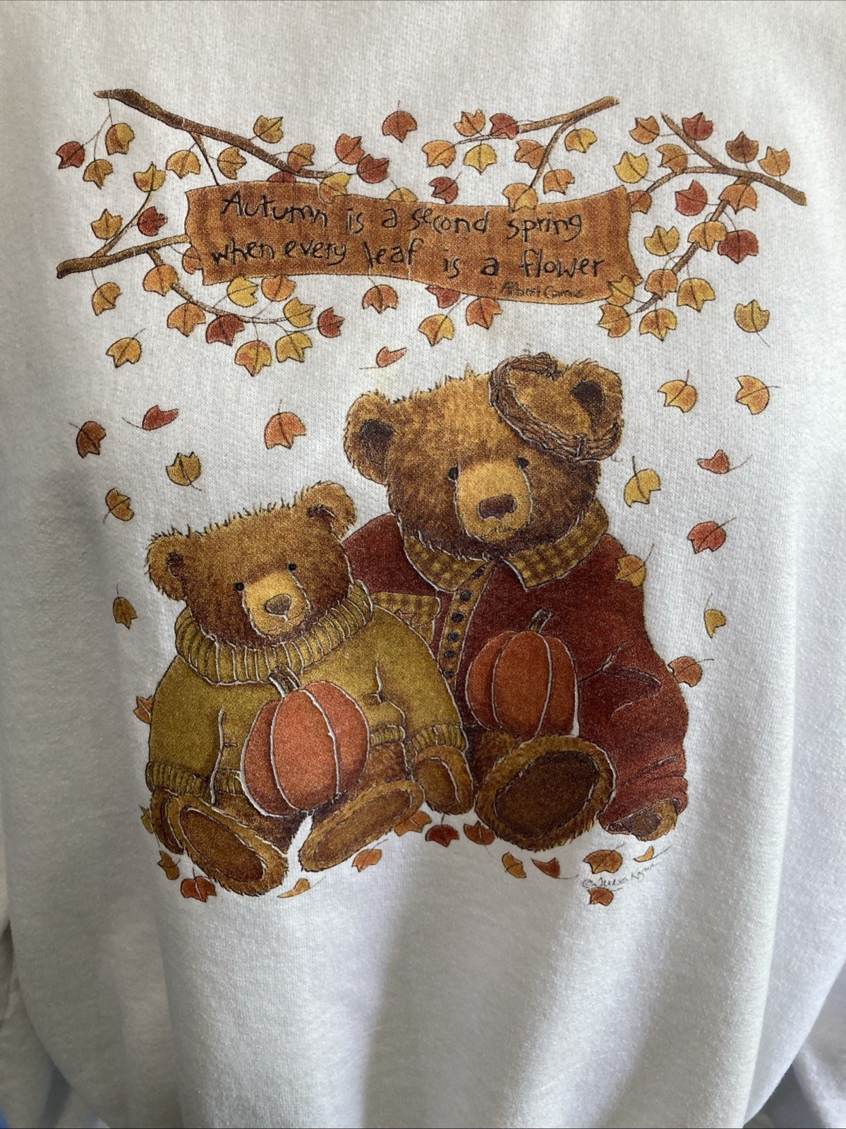 VTG 90s Jerzees NuBlend Grandmacore Autumn Sweatshirt XL White Teddy Bears Fall