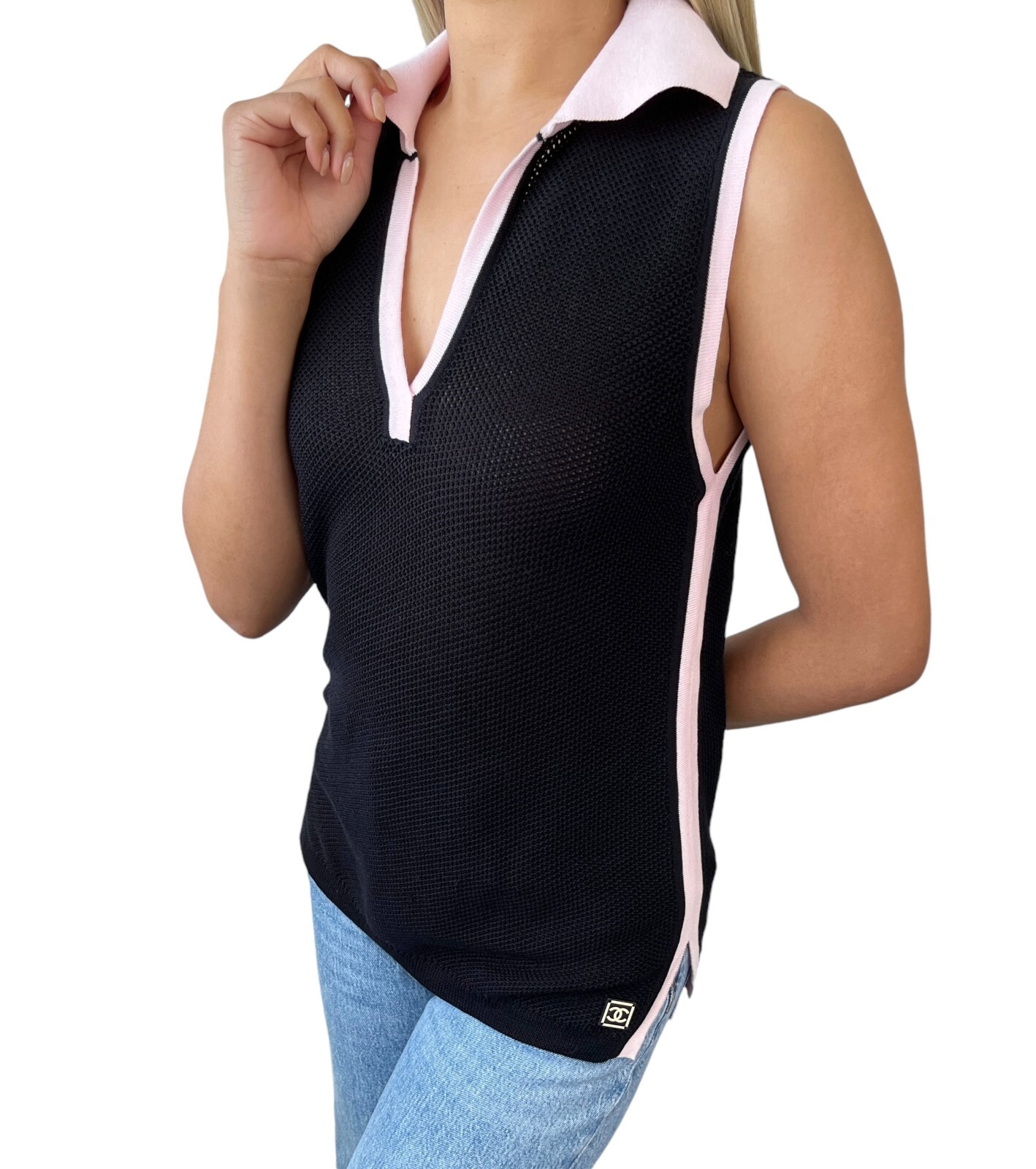 CHANEL Vintage 03P CC Logo Mesh Knit Tank Top #38 Black Pink Cotton Rank AB+