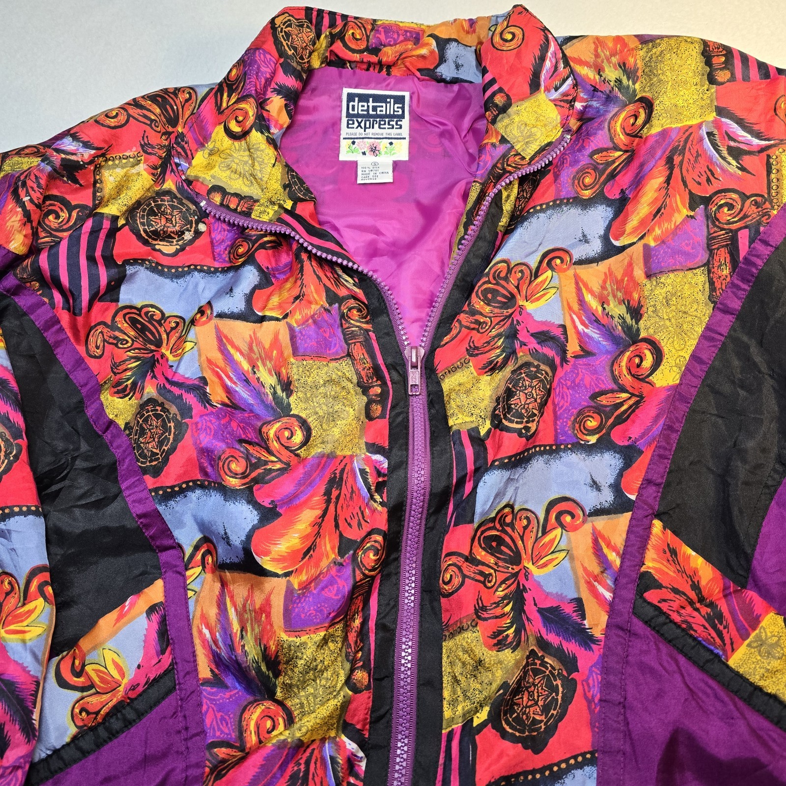 Vtg 90s Silk Bomber Jacket Abstract Geometric Distressed Thrashed Eclectic