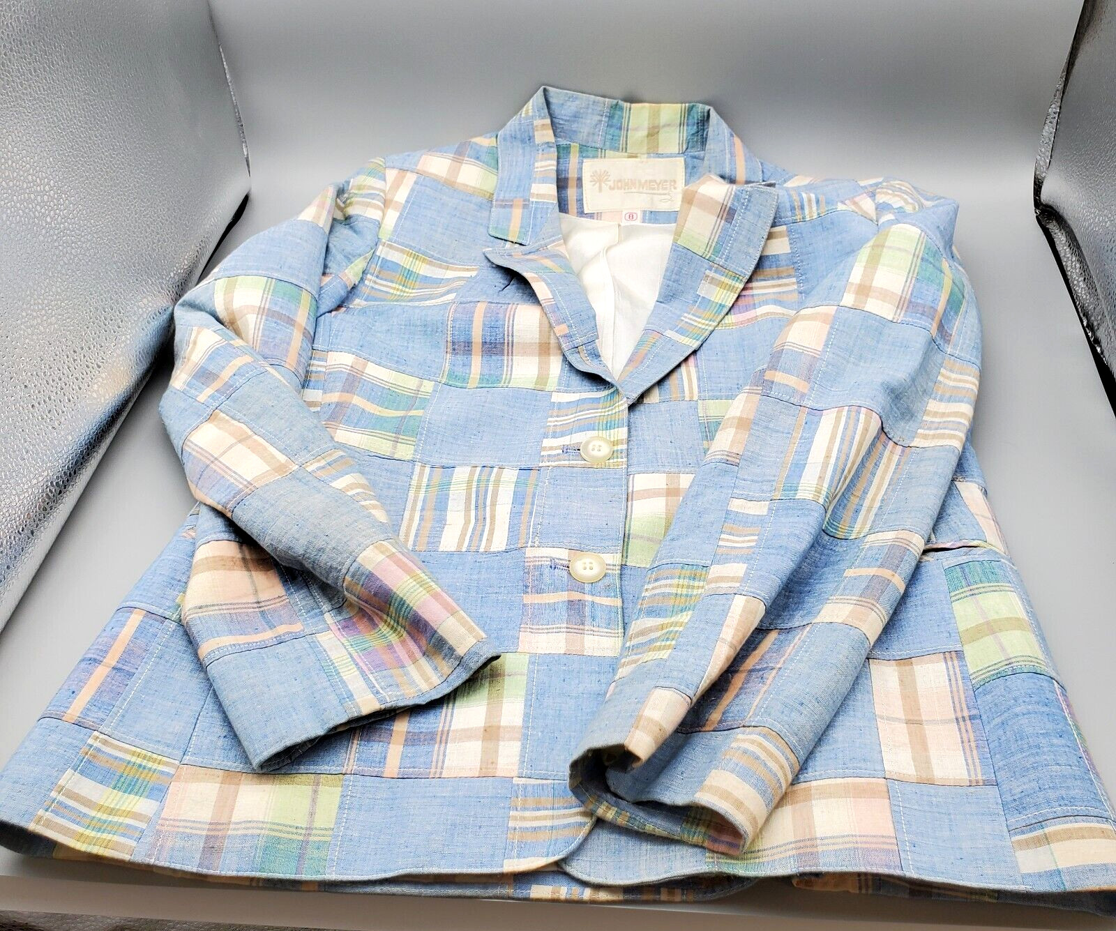 Womens Vintage Blazer John Meyer Size 8 Blue Lined Shoulder Pads Double Pocket
