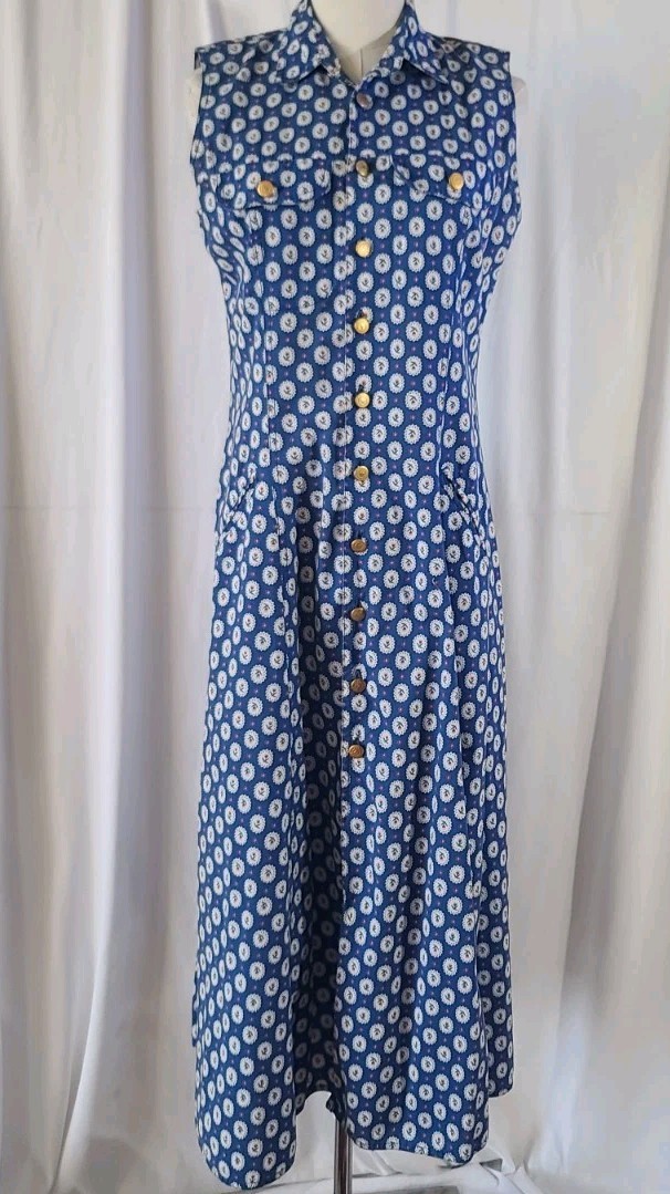 Vintage Liz Wear Blue Floral Daisy Button Shirt Midi Dress US 4