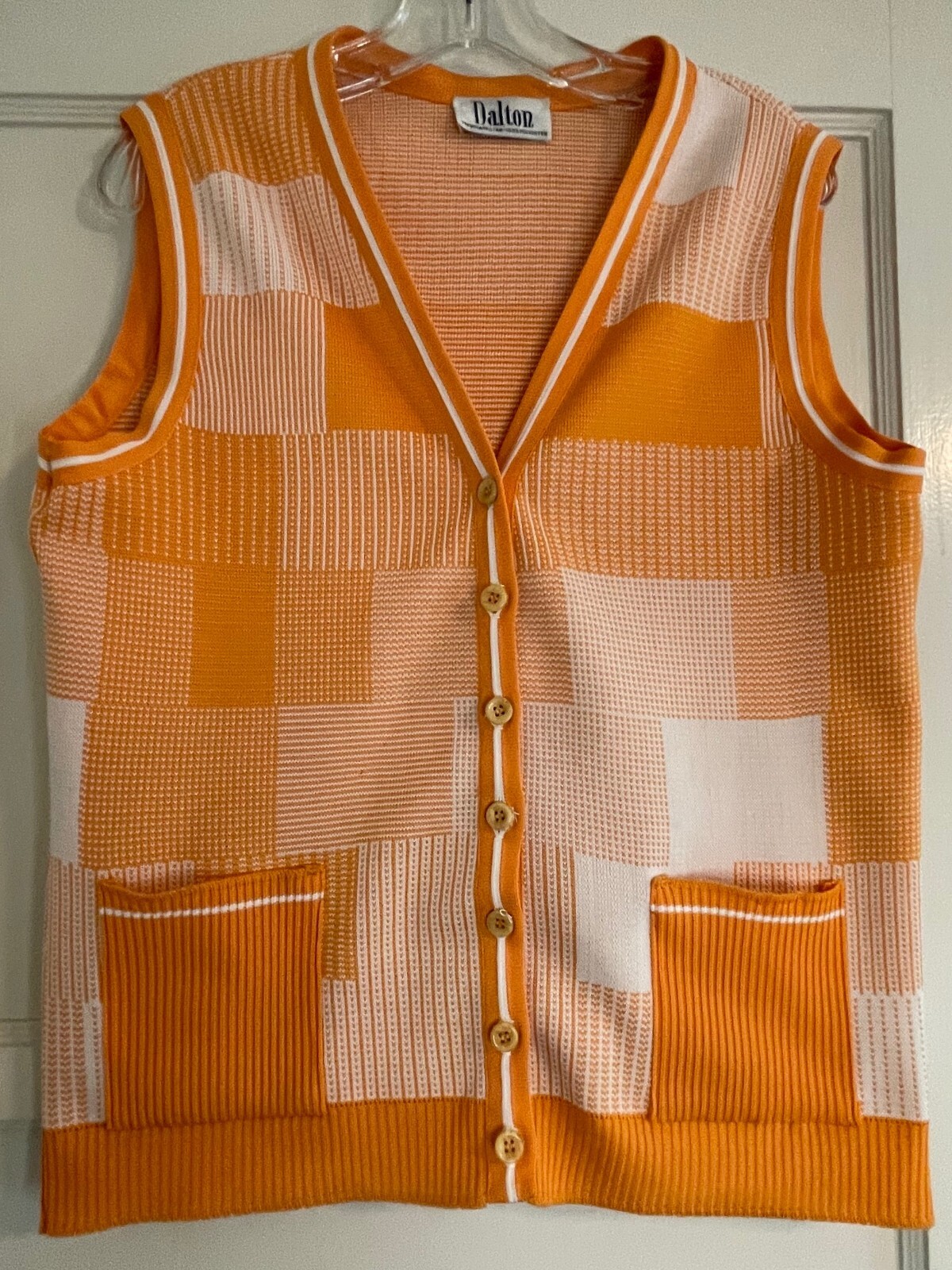 VINTAGE DALTON, UNISEX POLYESTER ORANGE PATCHWORK PLAID VEST, 41″ CHEST