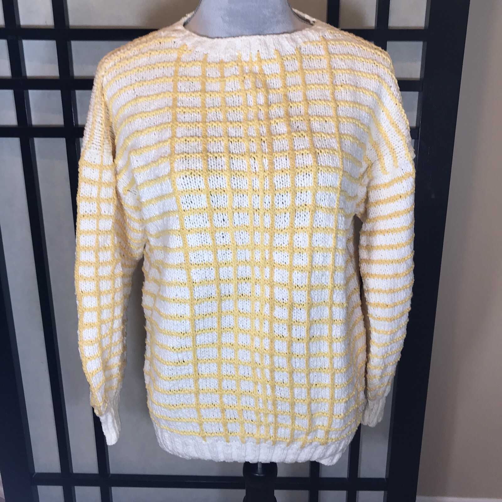 Vintage Winter Sun Sweater Womens Yellow White Cotton Size L