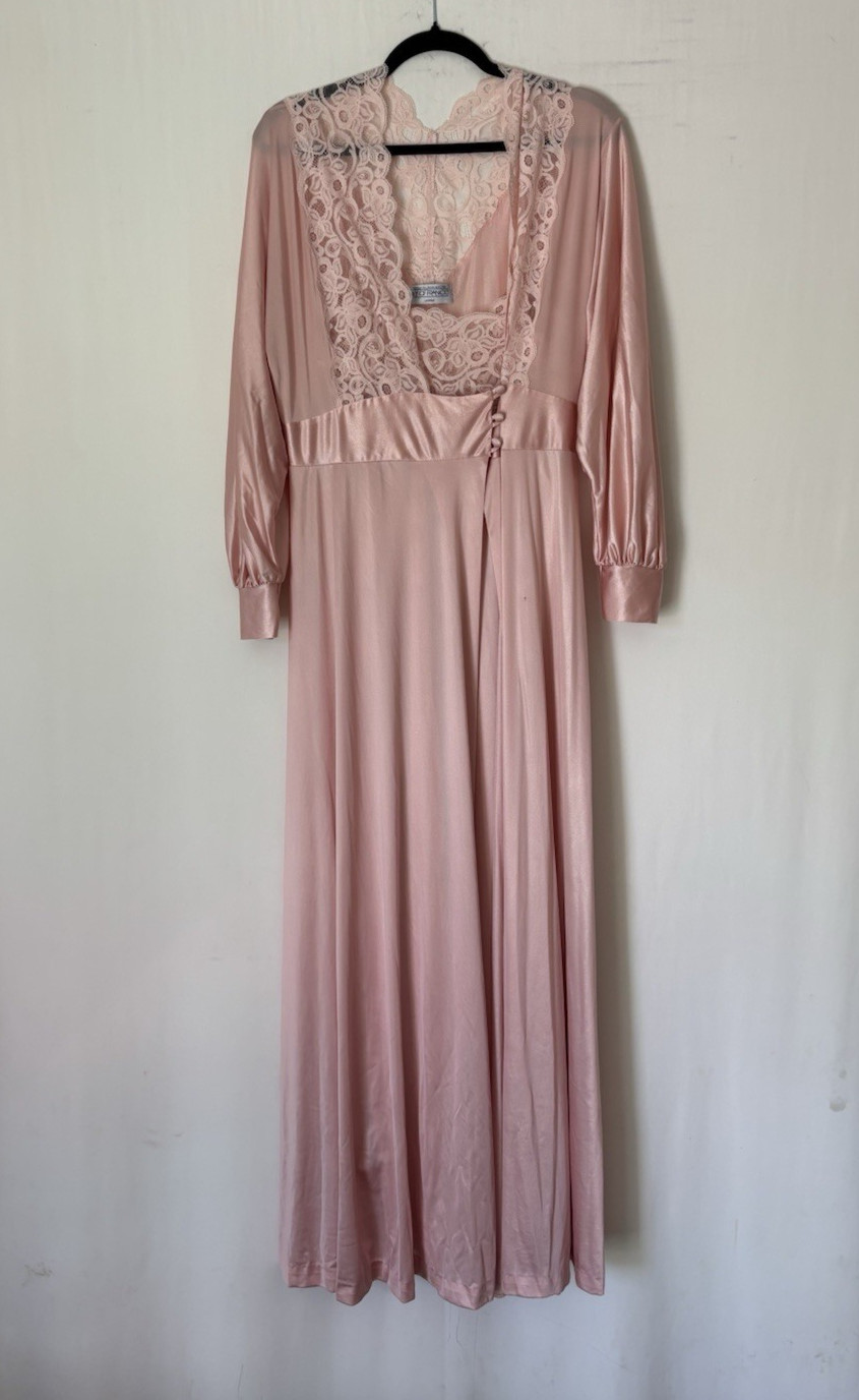 Vtg Lily Of France Robe and Long Slip Large Pink Blush Satin Lace