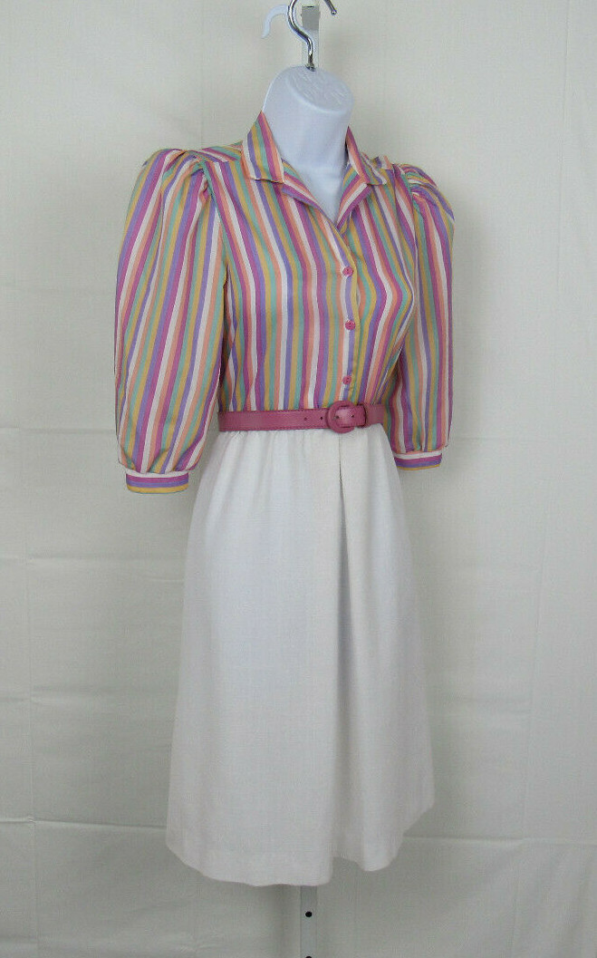 VTG 1960s 70s MOD TAURUS II SIZE 3-4 DRESS & BELT STRIPES COTTON POLY BLEND?