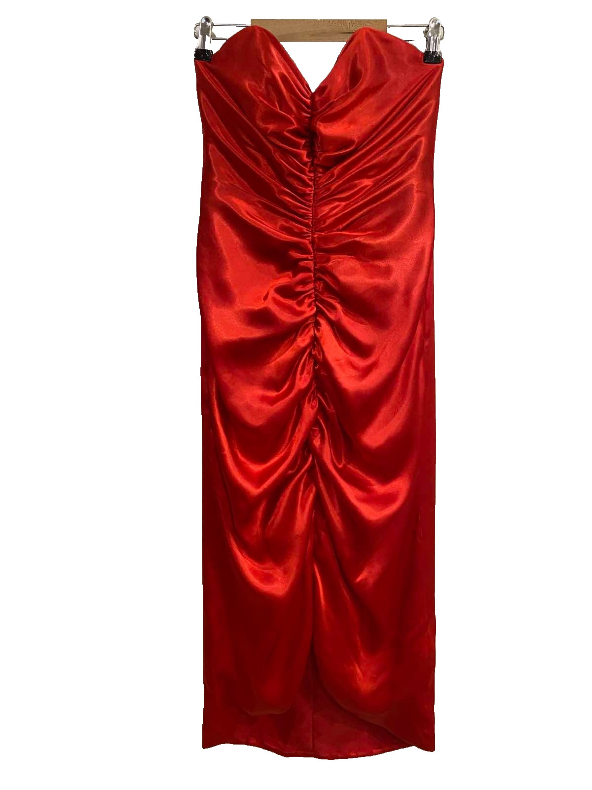Vintage 80s TRAVILLA Denson Red Satin Ruched Strapless Gown Evening Dress UK 12