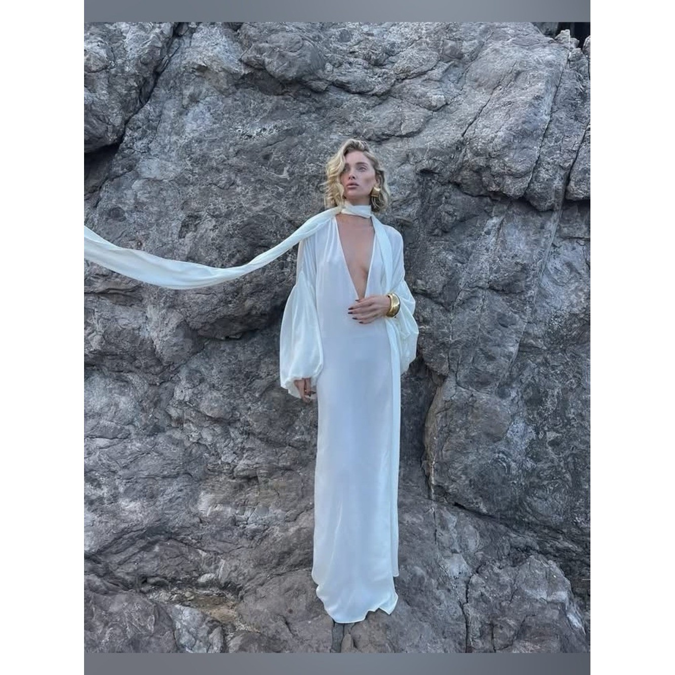 Elegant White Silk Plunging Maxi Dress with Dramatic Sleeves