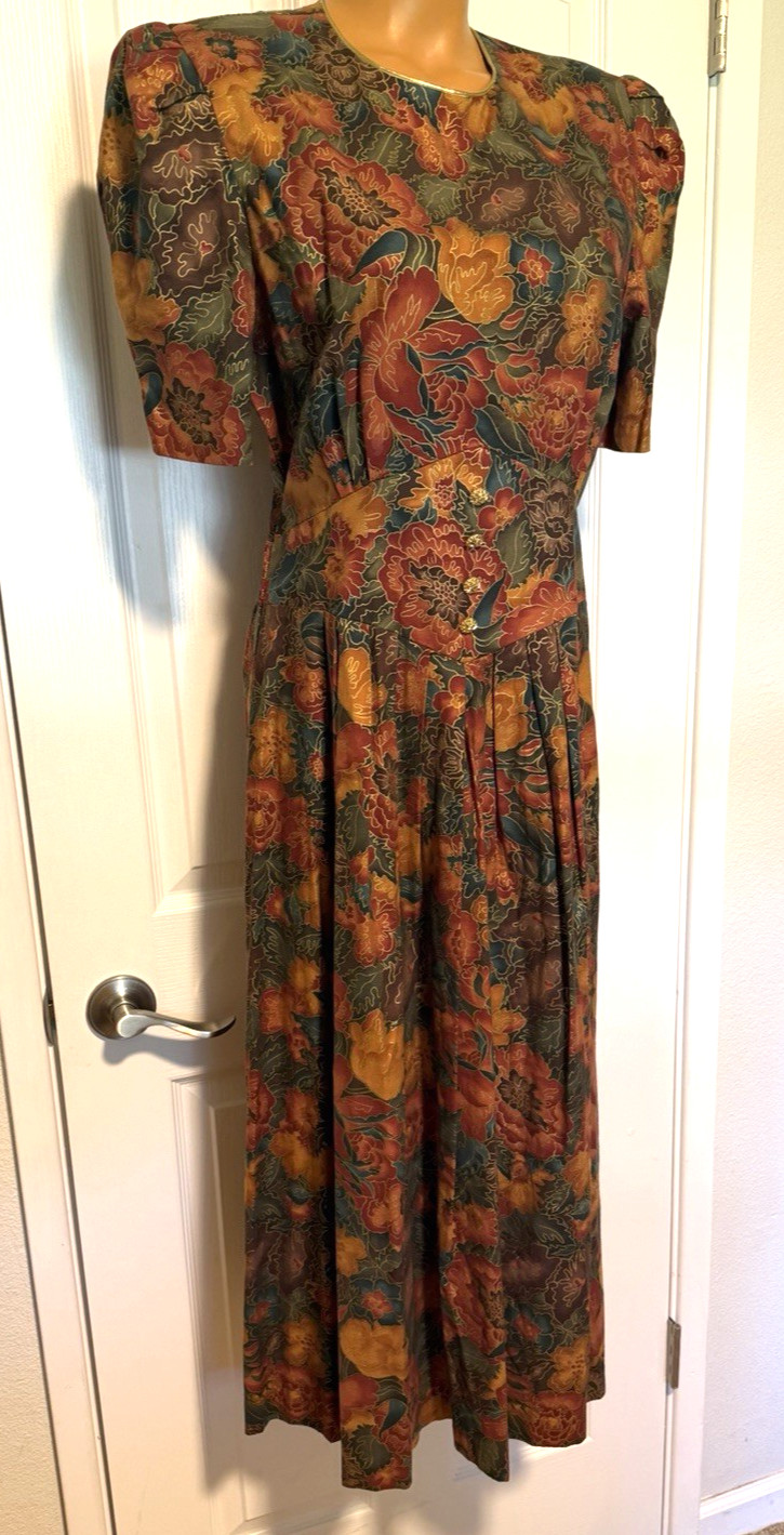 VTG 80’s MISS DORBY AUTUMN FLORAL COTTON BLEND RETRO DRESS SZ 12 (M-L)