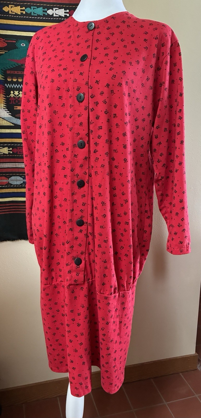 Vintage 1980s ZERO TO 9 Cherry Red Drop Waist Long Sleeved Dress Shoulder Pads M