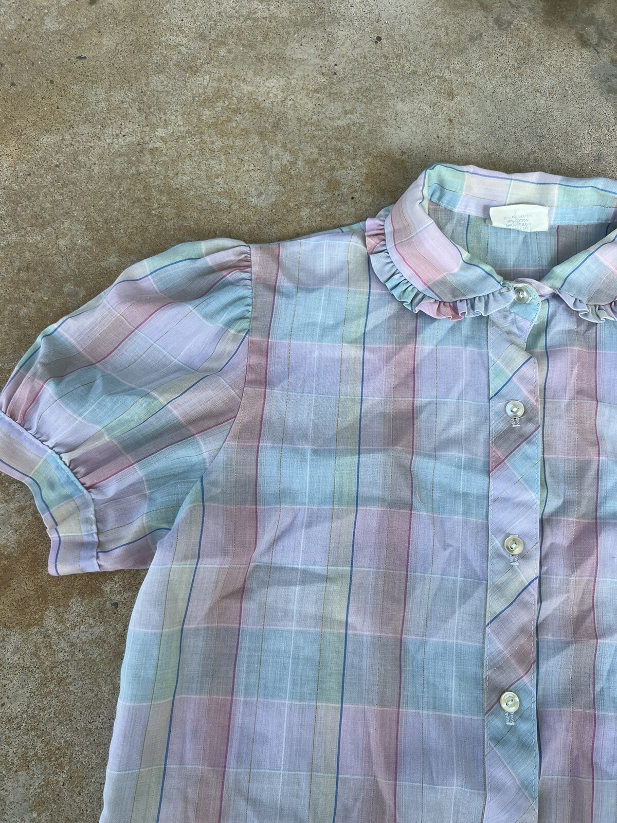 Vntg 1950s Pastel Multi Color Plaid Blouse With Ruffle Collar Classic Size XS/S