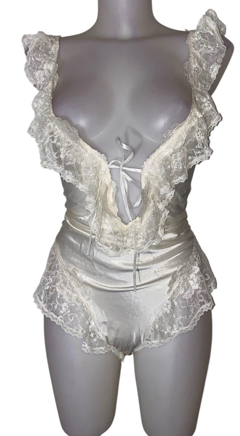VTG Samye Newman Sz L Victorian Ivory Ruffled Teddy Satin Sheer Kawaii Lingerie