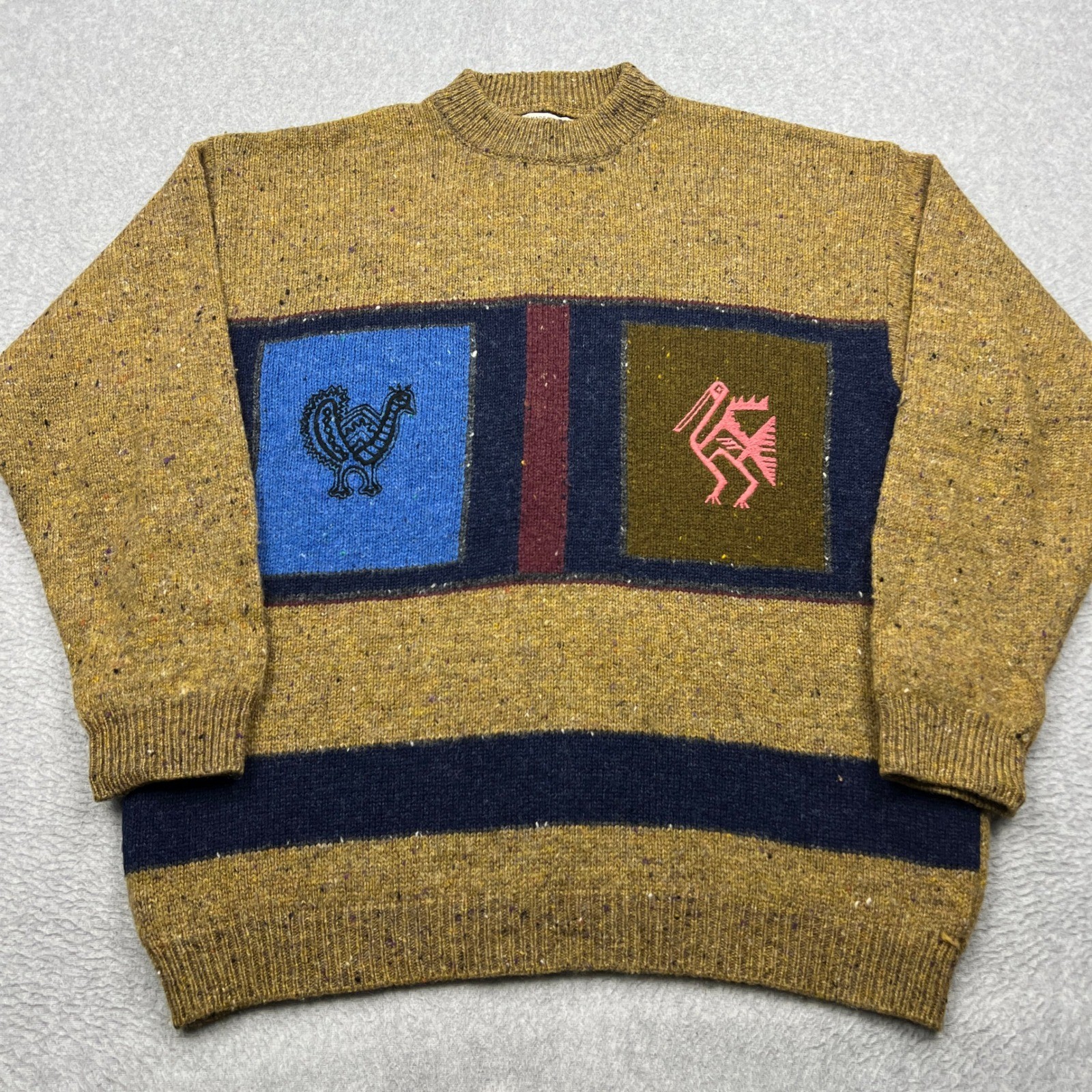 VTG Sisley Sweater Womens XL* Mustard Multi Colorblock Bird Graphic Knit Retro