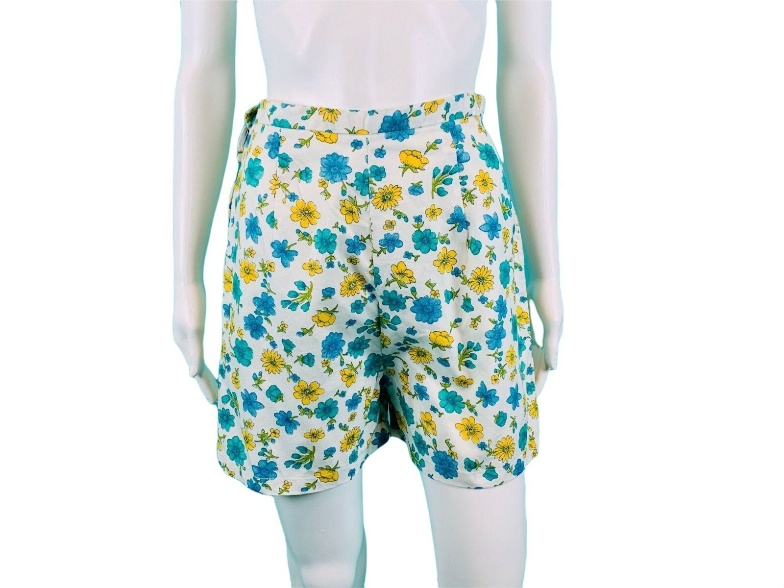 Vintage 1960s Floral Print Shorts Blue Yellow White Cotton Summer Groovy W 26″
