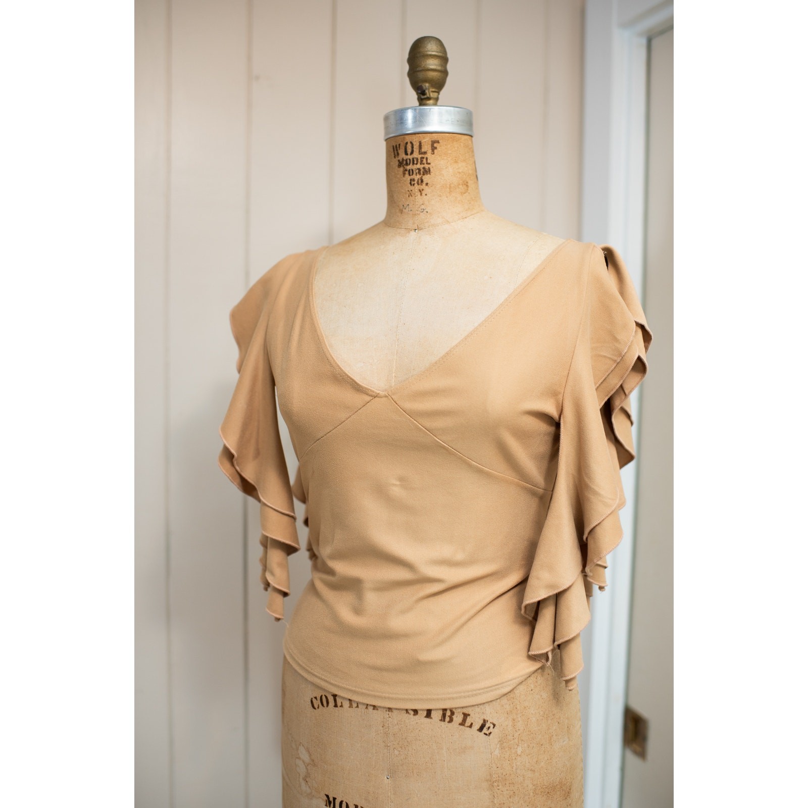 Vintage Y2K Tan Camel Brown Flutter Sleeve Top Fairycore Boho Festival Blouse LG