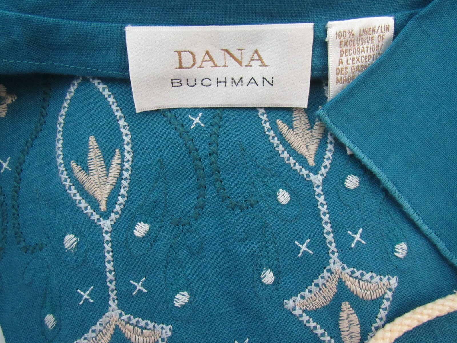 VTG 1980s DANA BUCHMAN TEAL EMBROIDERED LINEN SMOCK TOP & ROPE BELT SIZE 8
