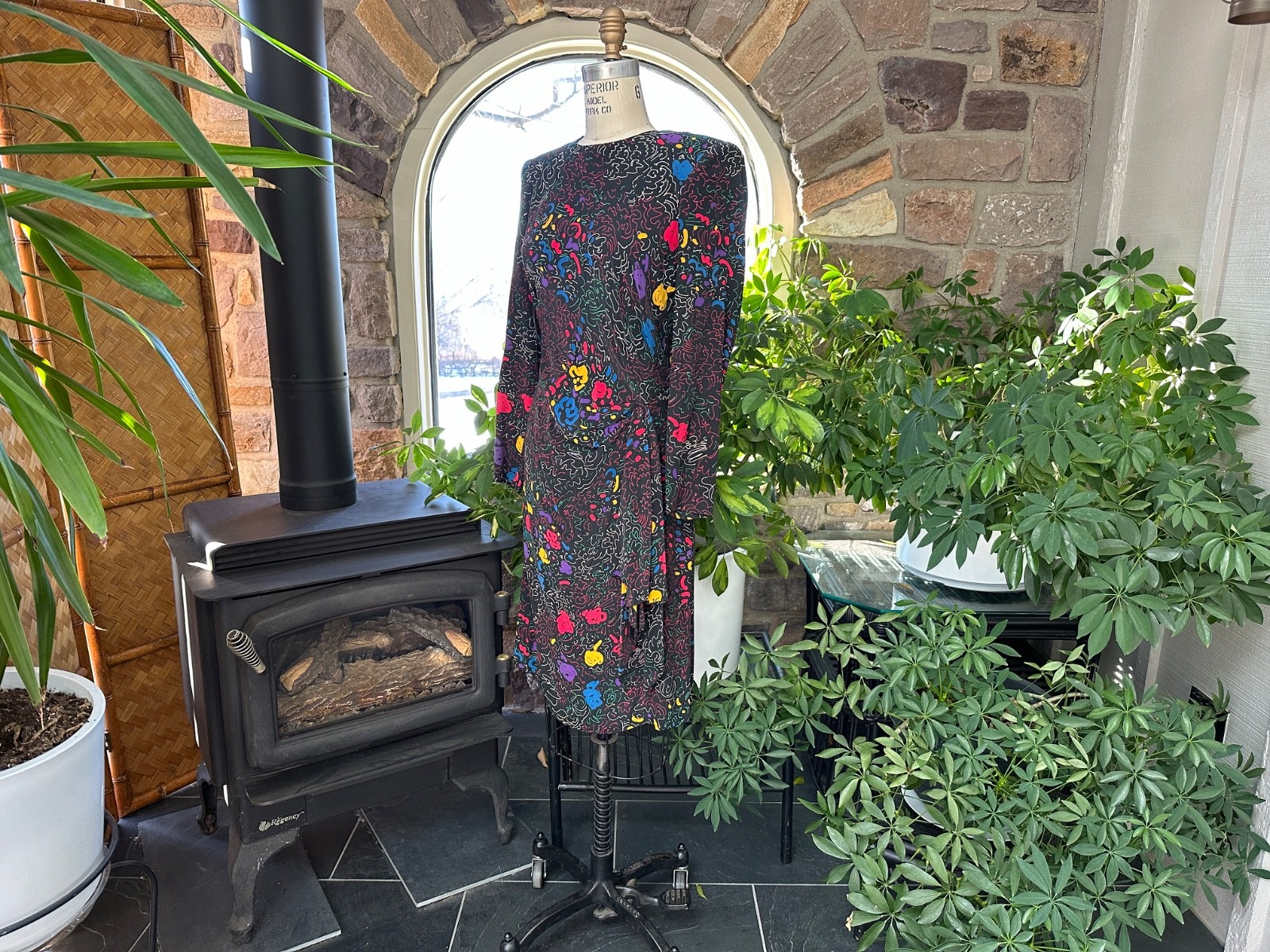 Vintage 1990s Black and Primary Color Abstract Silk Sarong Style Dress Nora Noh