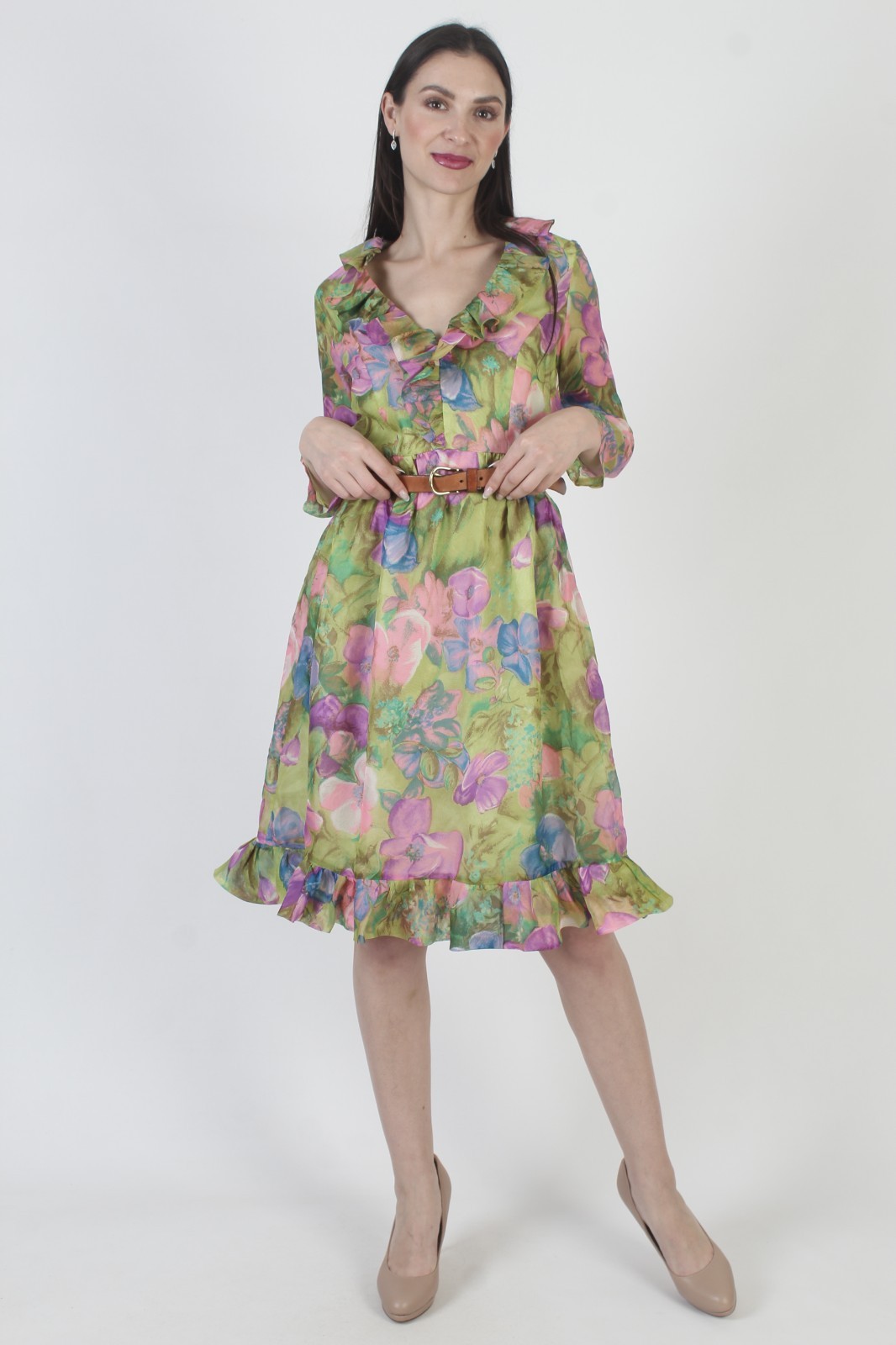 Vtg 60s Romantic Floral Dress Spring Pastel Garden Ruffle Knee Length Gown