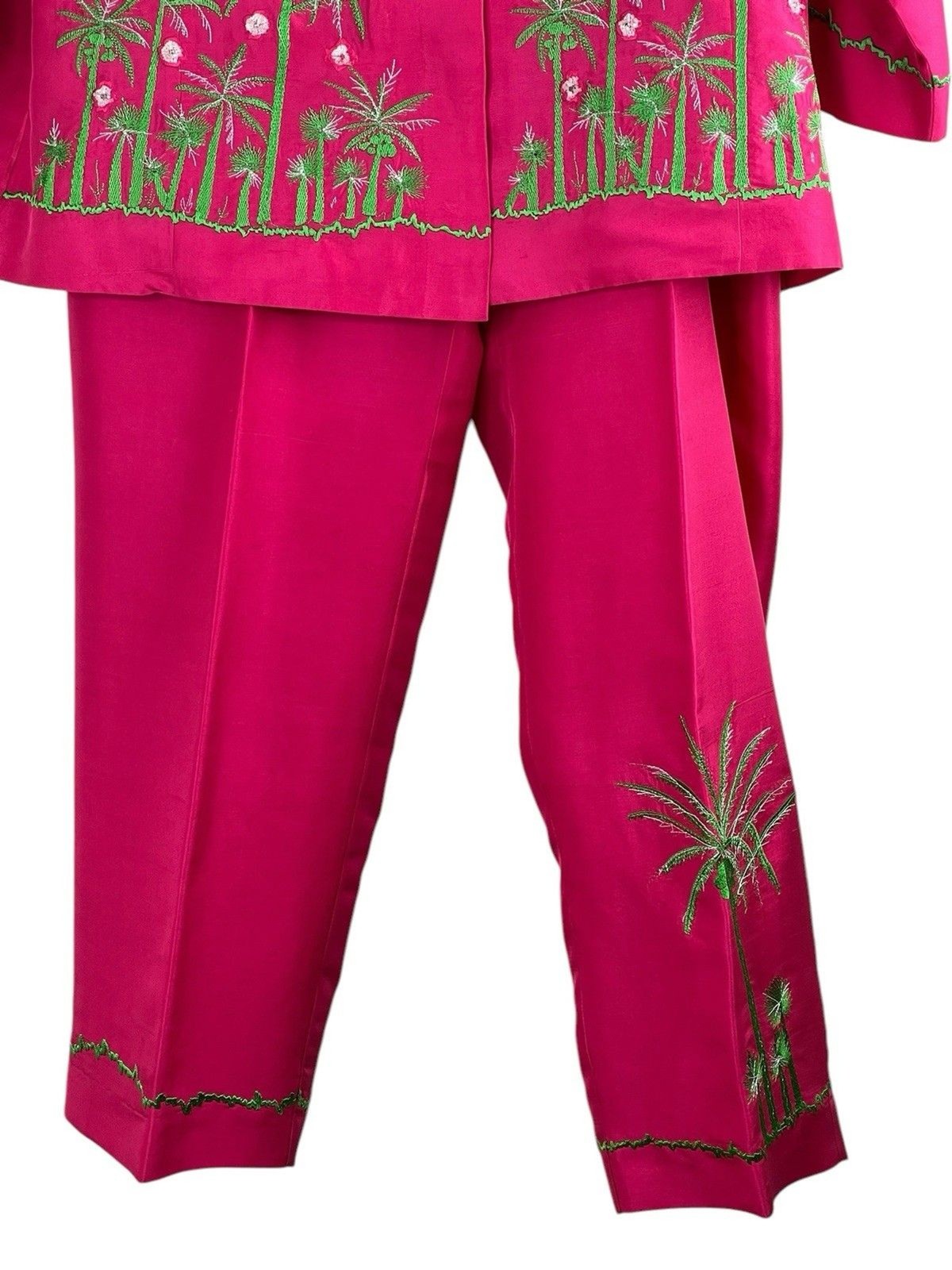 Russell Kemp Vintage Hot Pink Silk Embroidered Tropical Pantsuit Size 12