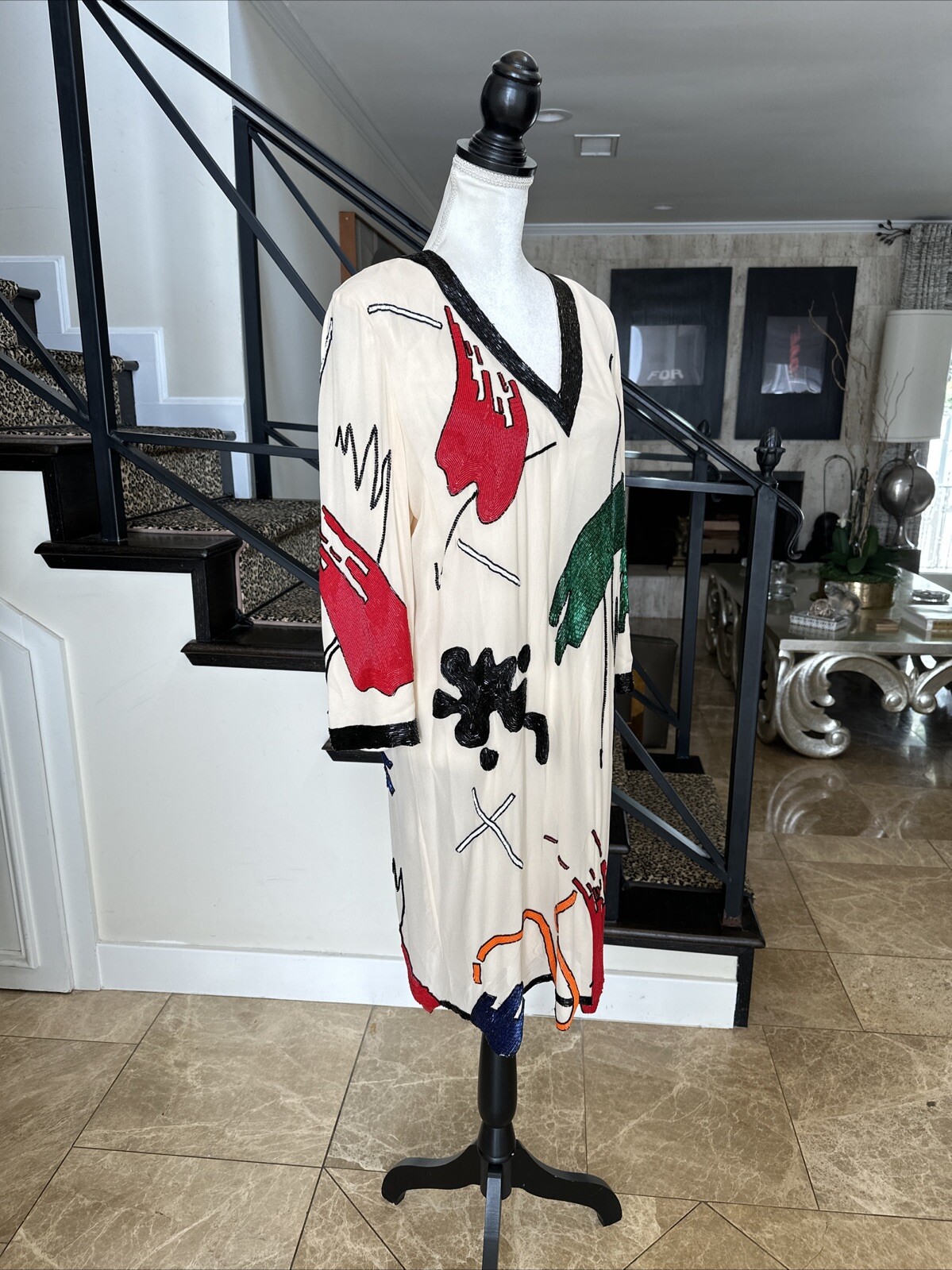 Fabrice Silhouettes 80s Ivory And Vibrantly Colored Beaded Shift Dress 10