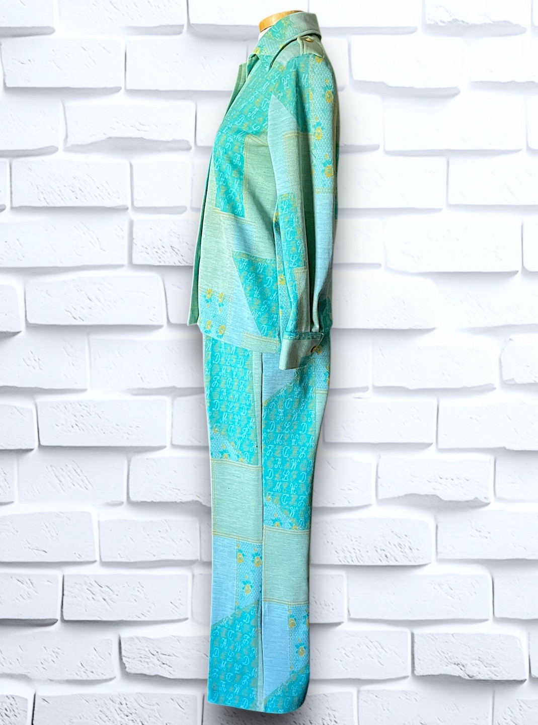 1960’s Teal, Sea Foam Green & Yellow Patchwork & Monogram Pattern Suit Spring