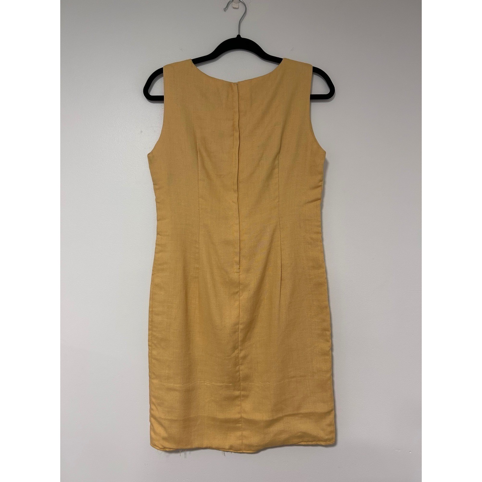 Vintage 60s Mustard Yellow Embroidered Linen Shift Dress Sleeveless Boho Mod S