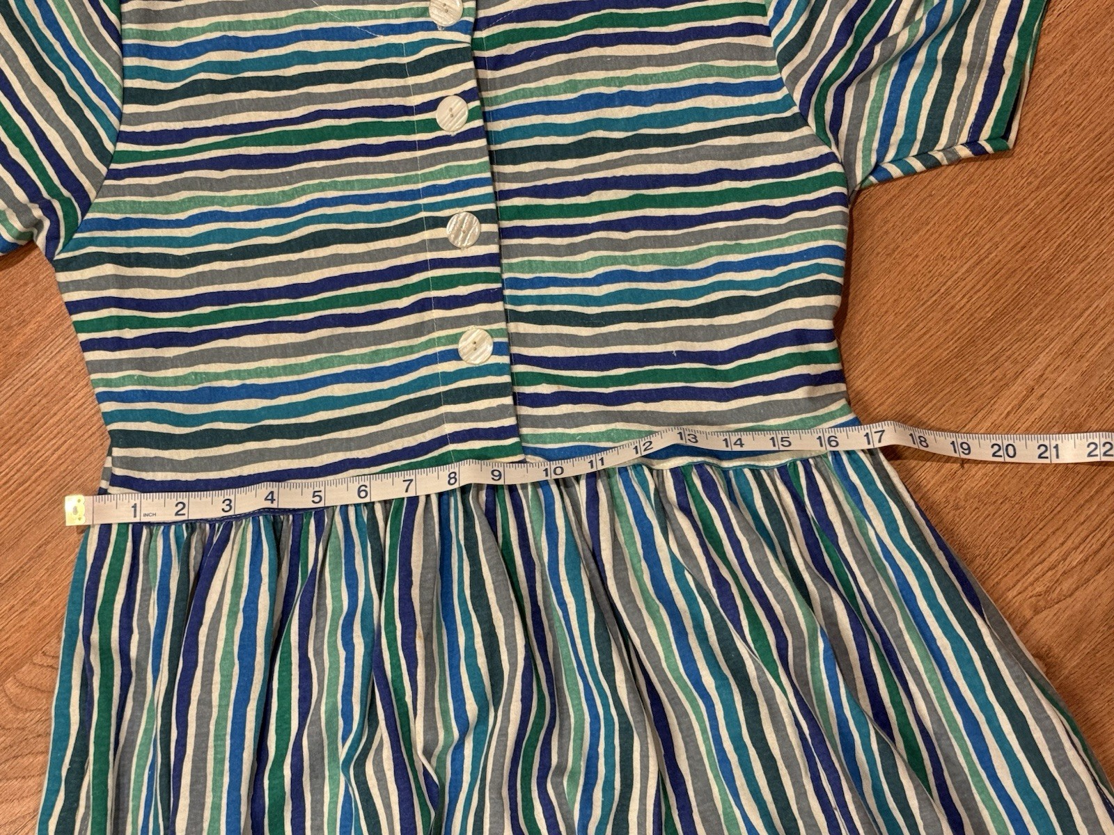 FADS Vintage 80s 90s Blue Striped Cotton Boxy Dress Sz M Cottagecore Modest