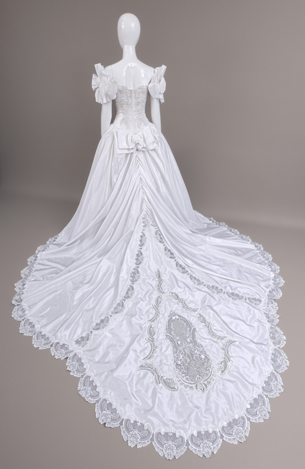 1990s Off-The-Shoulder Beaded Taffeta Satin Wedding Dress, W/Cathedral Train 2/4