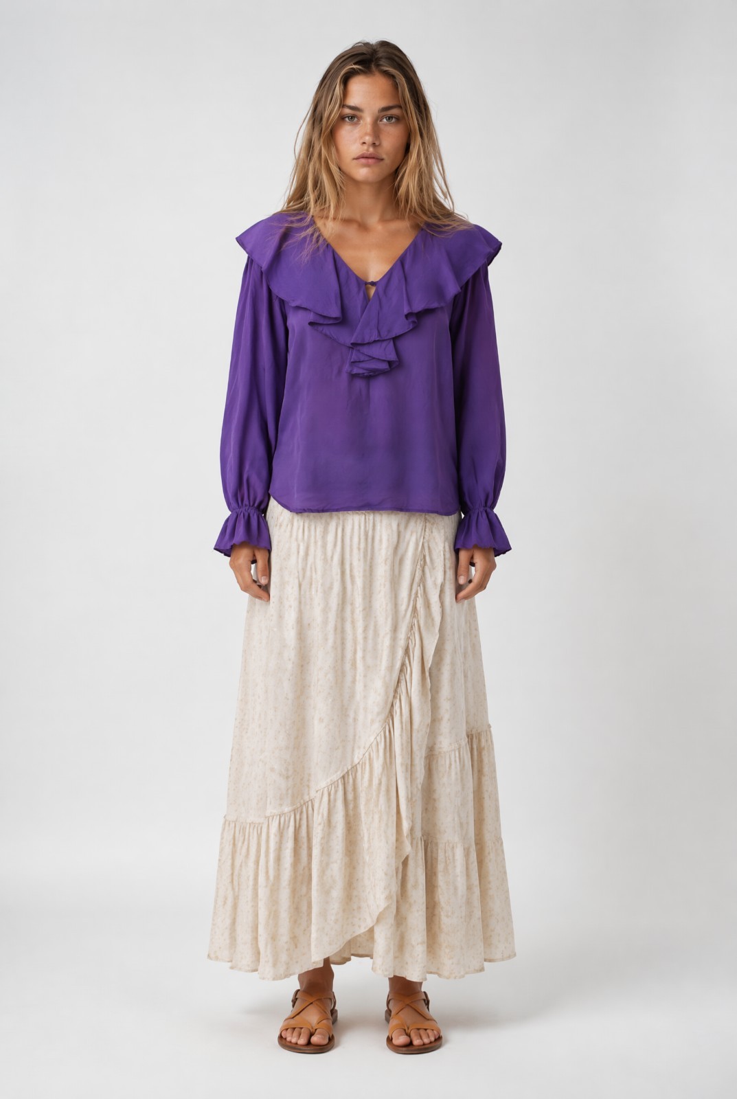 Notches Vintage 90’s Purple 100% Silk Ruffle Neck Poet Shirt M
