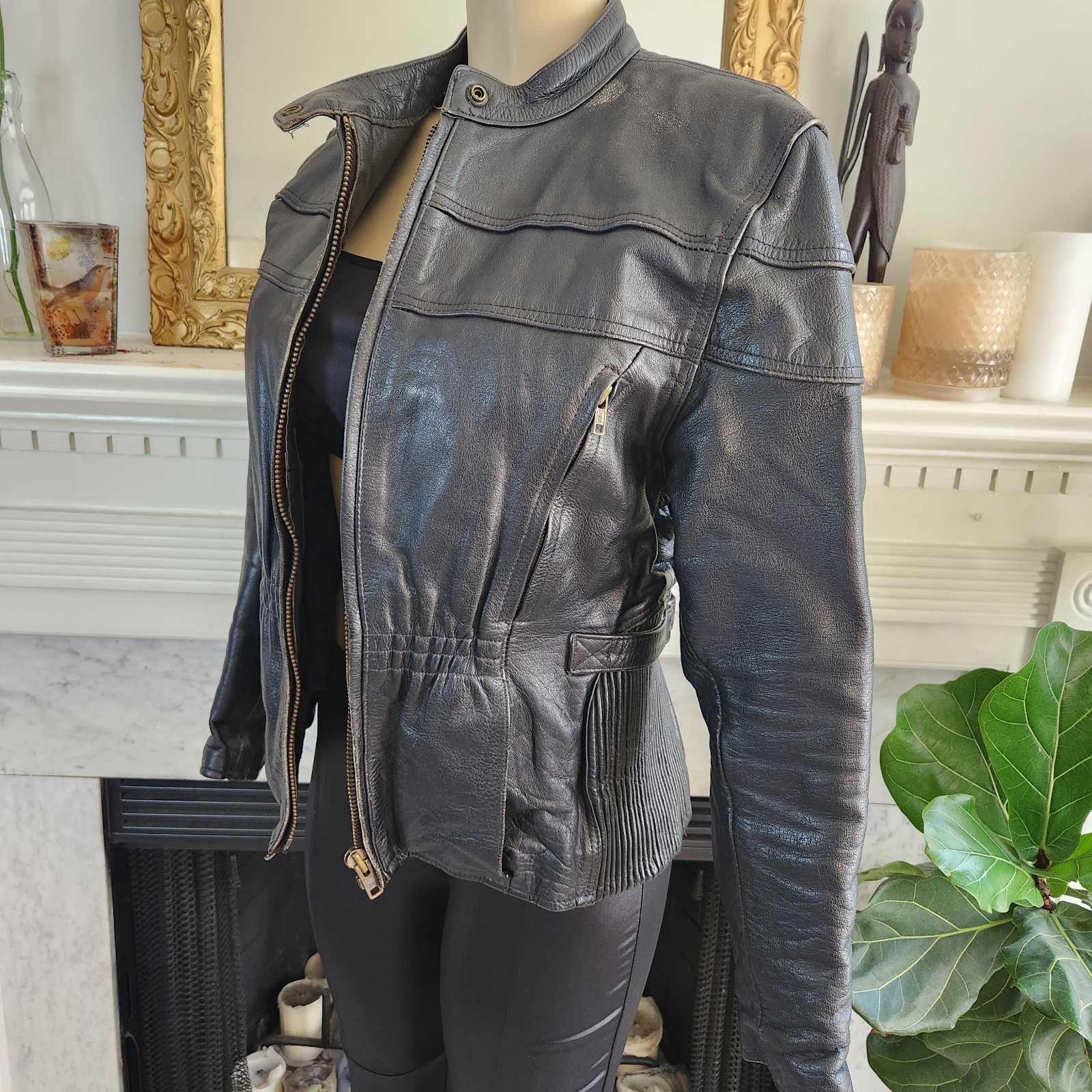 Vintage 80s Black Leather Moto Jacket Racing Biker Skull Size Medium Rocker