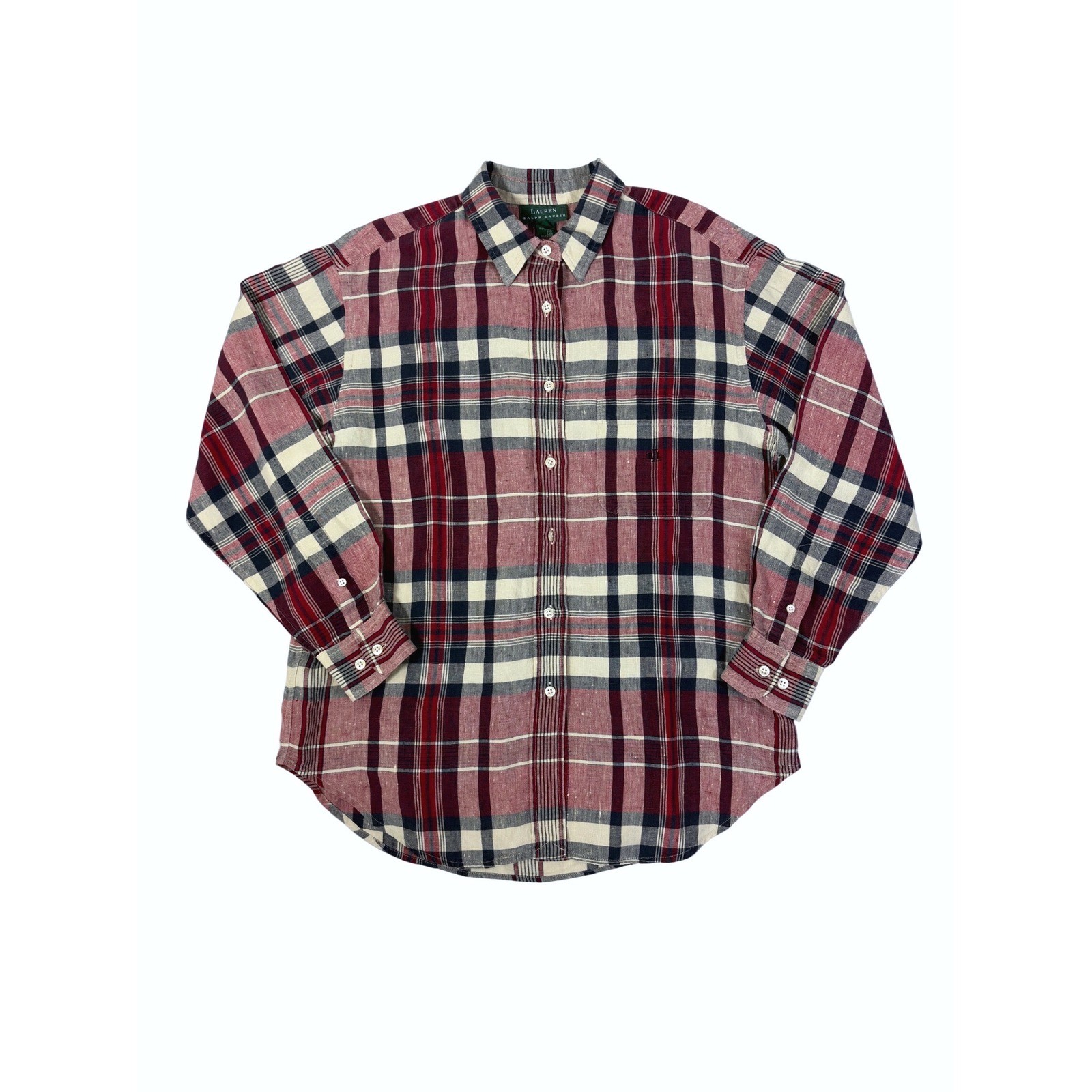 90s Vintage Ralph Lauren 100% Linen Red White Blue Plaid Button Up Shirt Size 14
