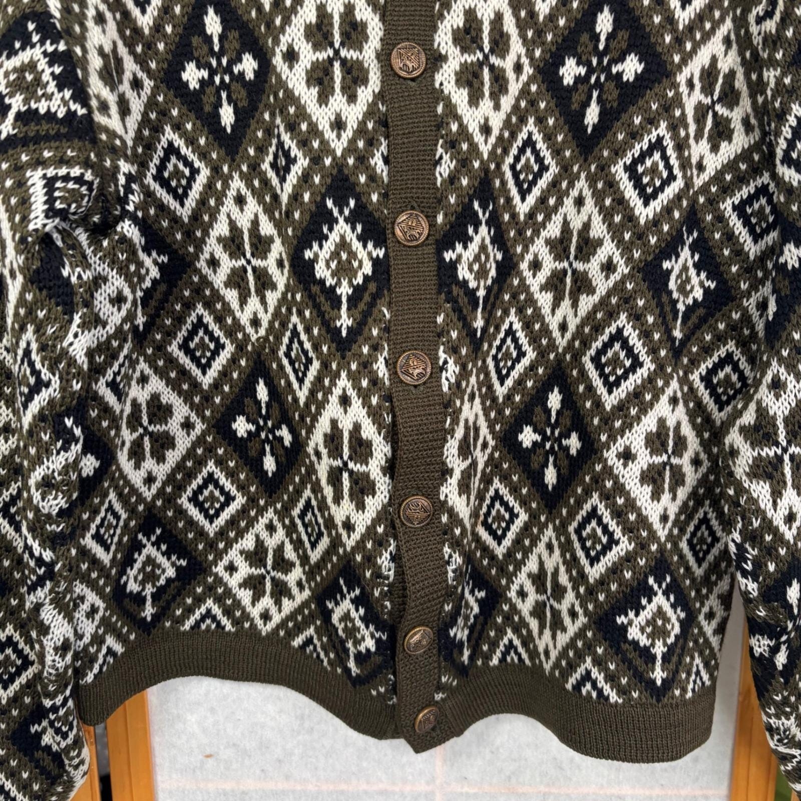 Vintage Jersild Virgin Wool Fair Isle Cardigan Sweater Olive Green Geometric L