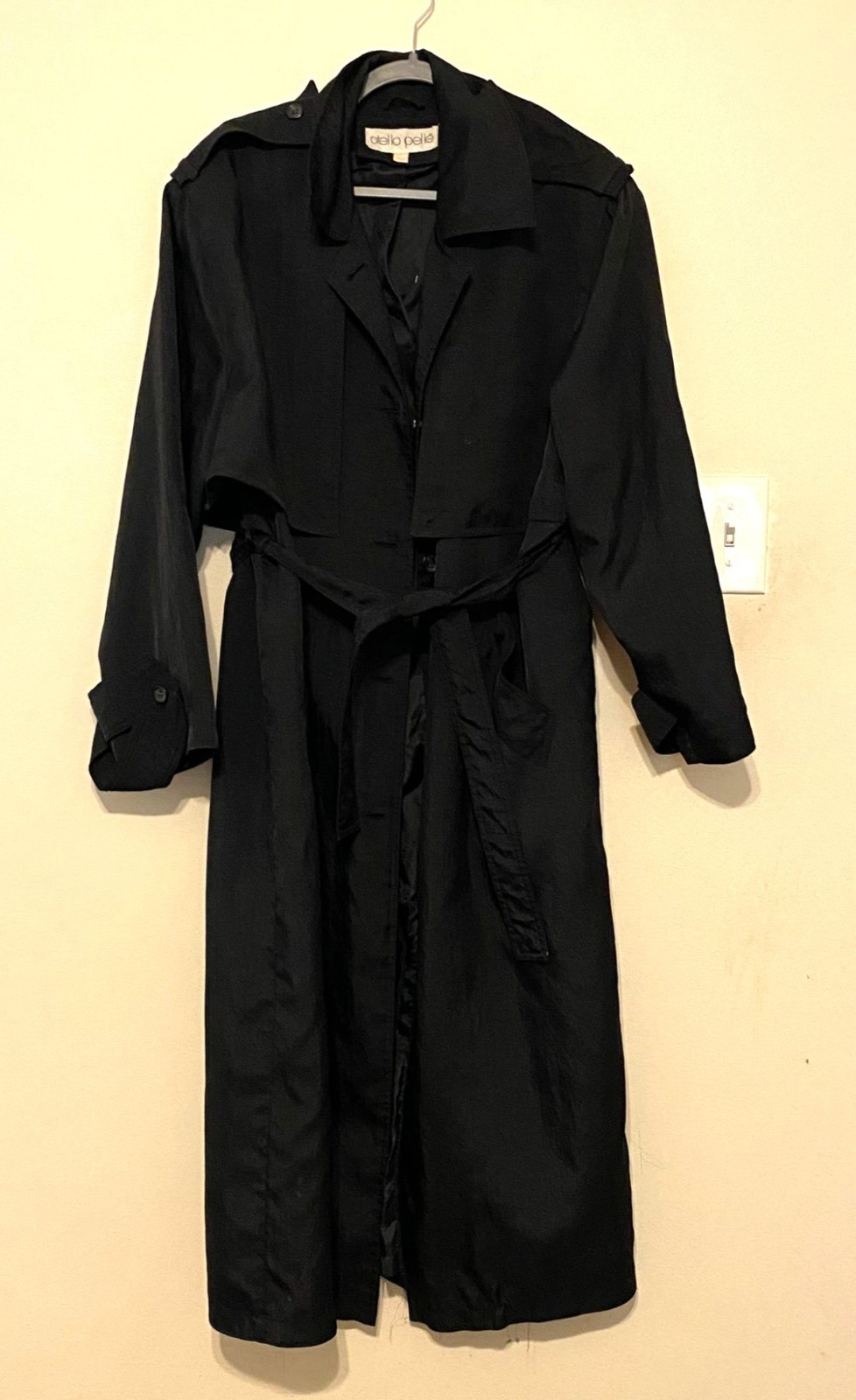 VTG 1990s Otello Pelle Black Belted Trench Coat Duster Jacket Womens Large
