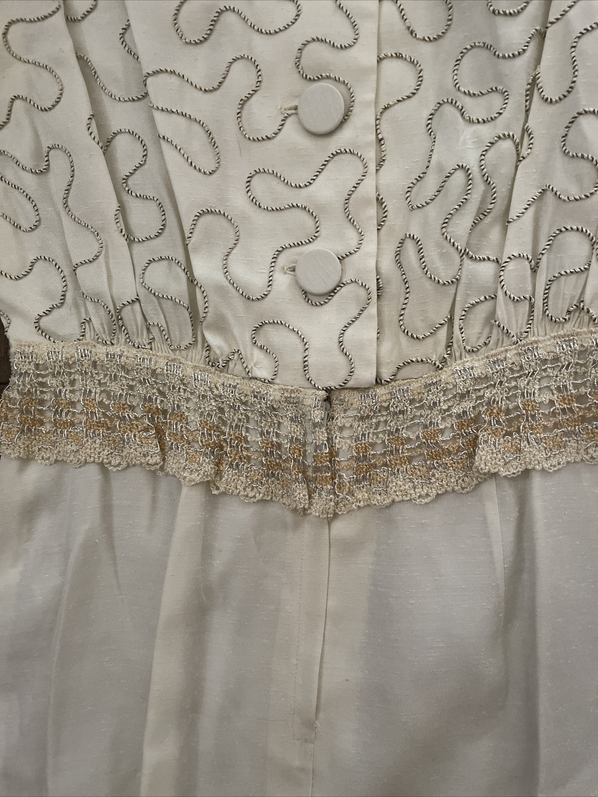 Vintage Paul Sachs Original Dress cream & gold accent fitted button back