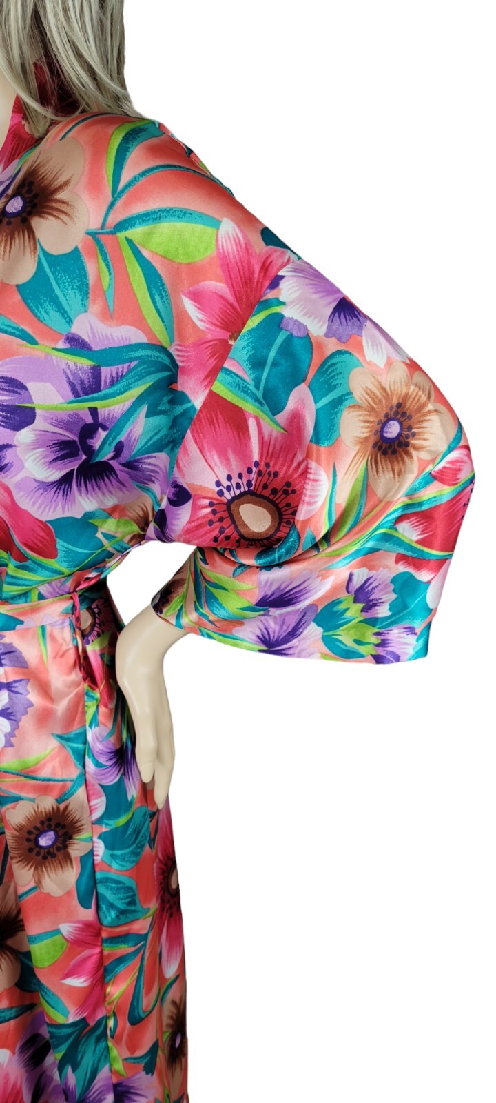 Vtg Sears Just For Women Tropical Floral Satin Maxi Caftan Kimono Robe One Size