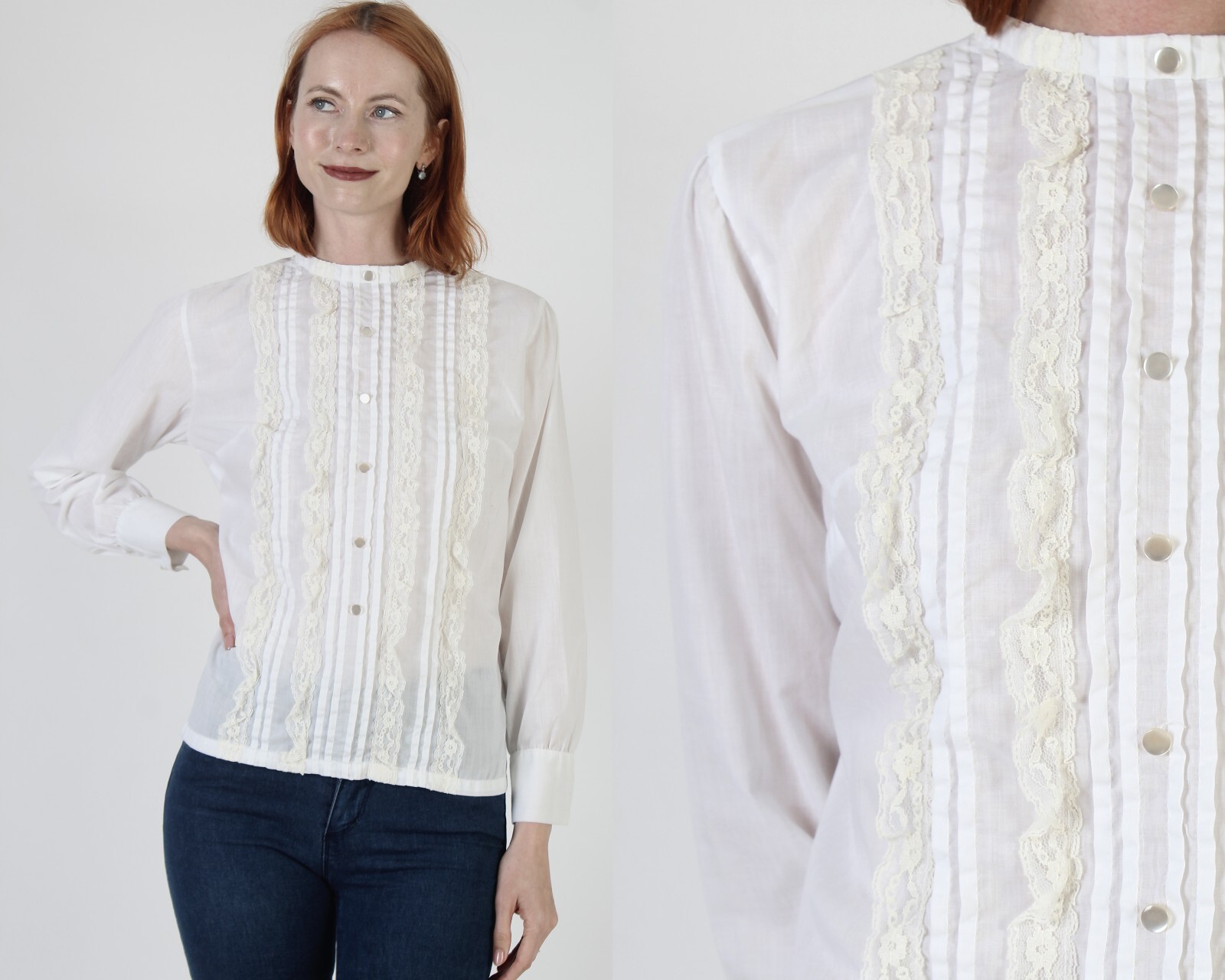 Vtg Off Wht Vertical Pleated Sheer Lace Blouse Victorian Button Up Tunic Shirt