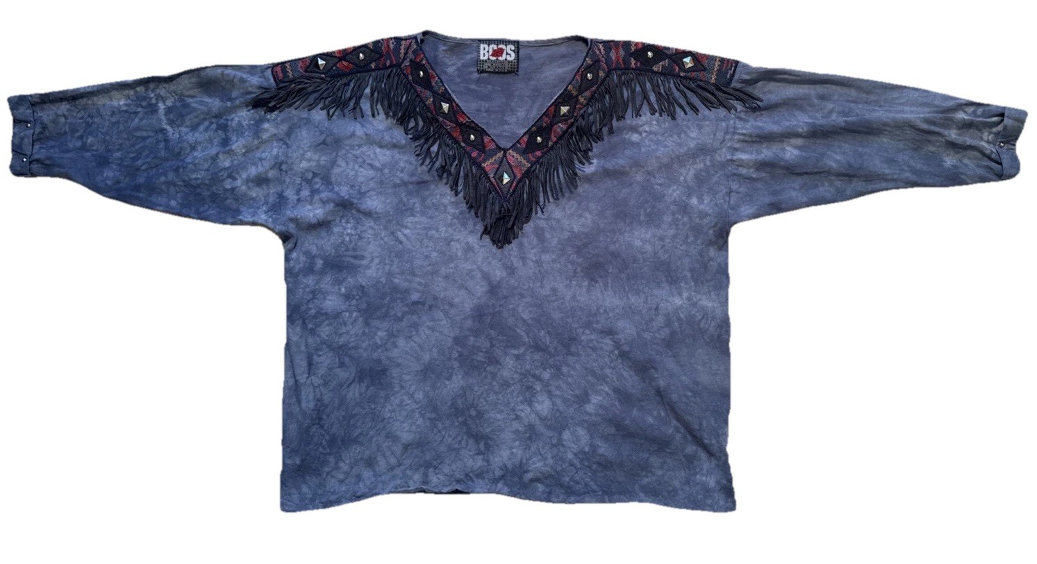 Vintage 90’s Tie Dye Fringe Studded Western T-Shirt Cotton Cowgirl Rodeo O/S