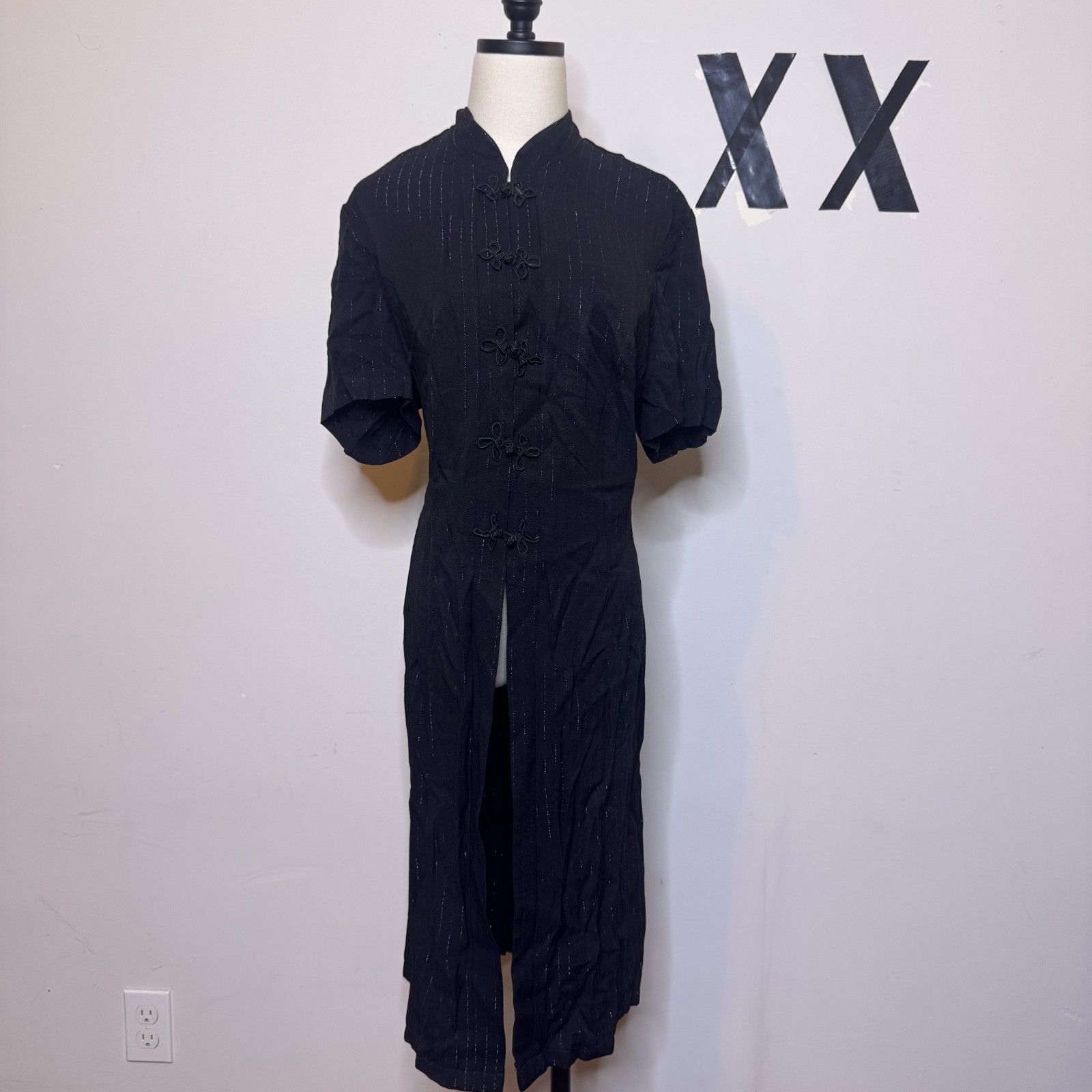 Vintage 80s 90s Black Pinstripe Mandarin Collar Frog Clasp Jacket Dress 18