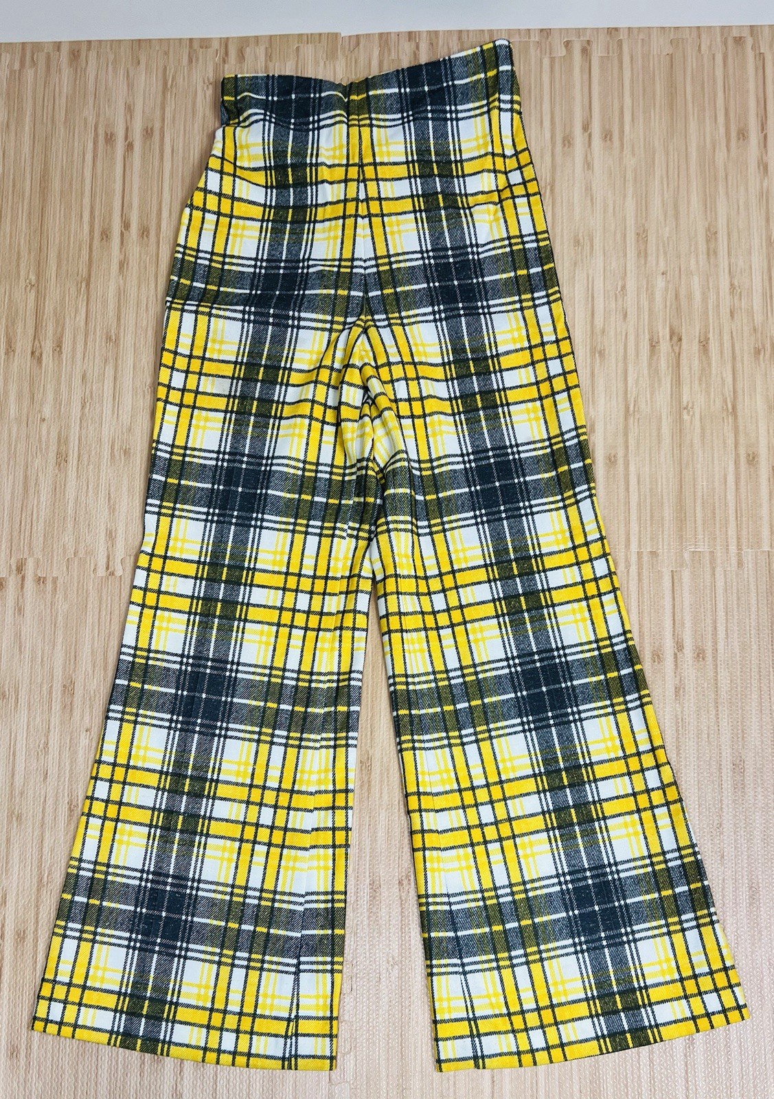Vtg Glen Of Michigan Womens 26 Elastic High Waist Retro Black Yellow Plaid Pants