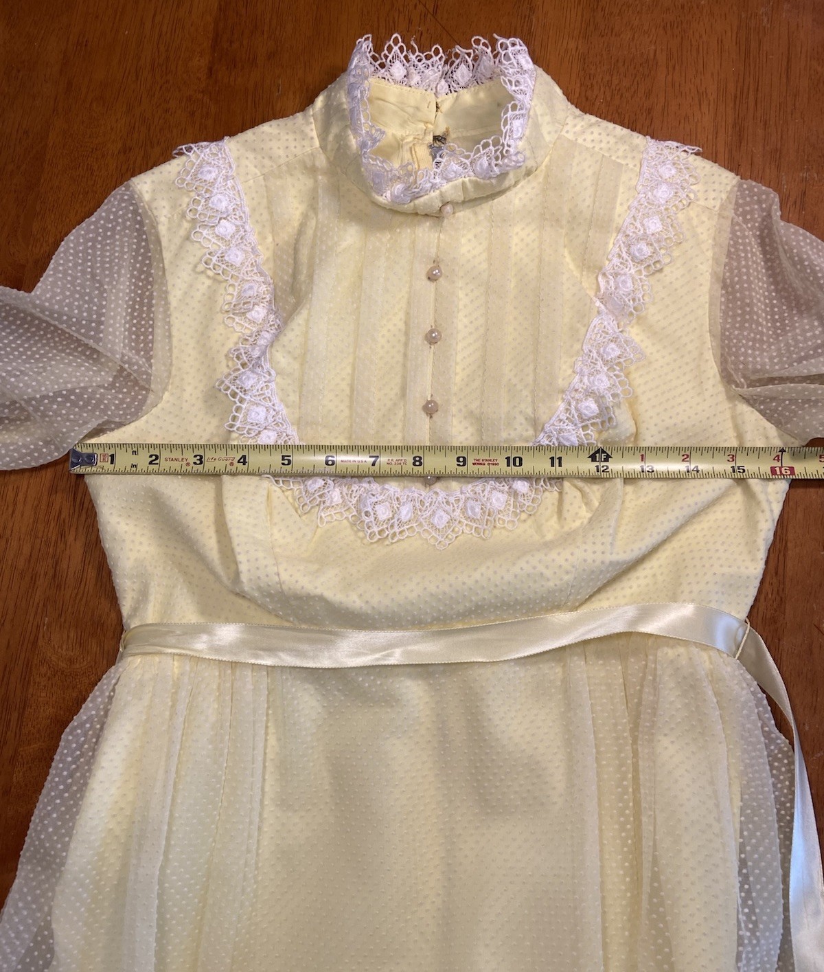 Vtg 70s Yellow Swiss Dot Prairie Dress Victorian Revival Empire Waist Small