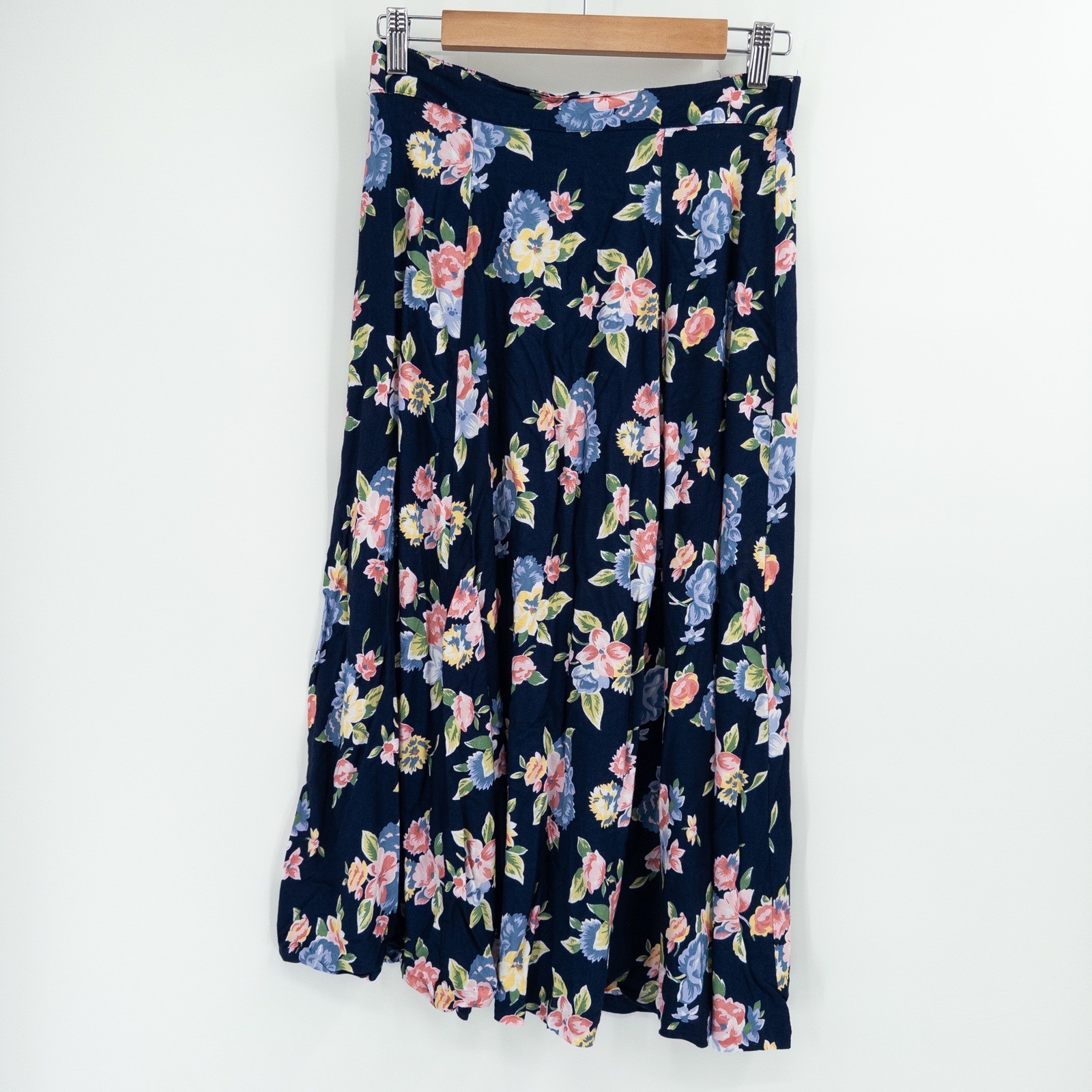 Vintage 90s Floral Midi Skirt Womens Medium Navy Blue Miss Honey Butter Mom