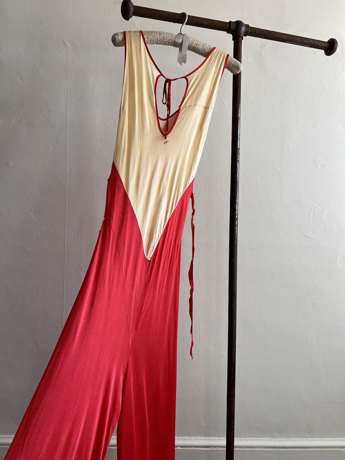 Vintage 1930s Red & Cream Trompe L’Oeil Rayon Jersey Beach Pajamas Jumpsuit Deco