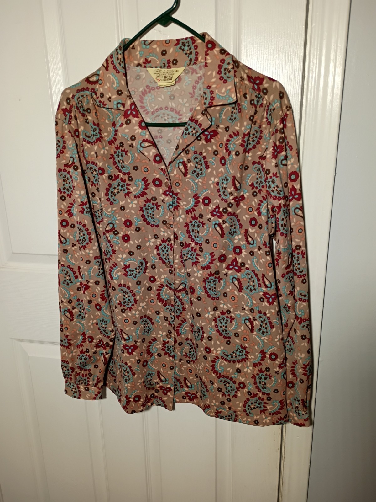 Sears The Fashion Place Vintage LS Brown Paisley Collared Button Blouse 40/L