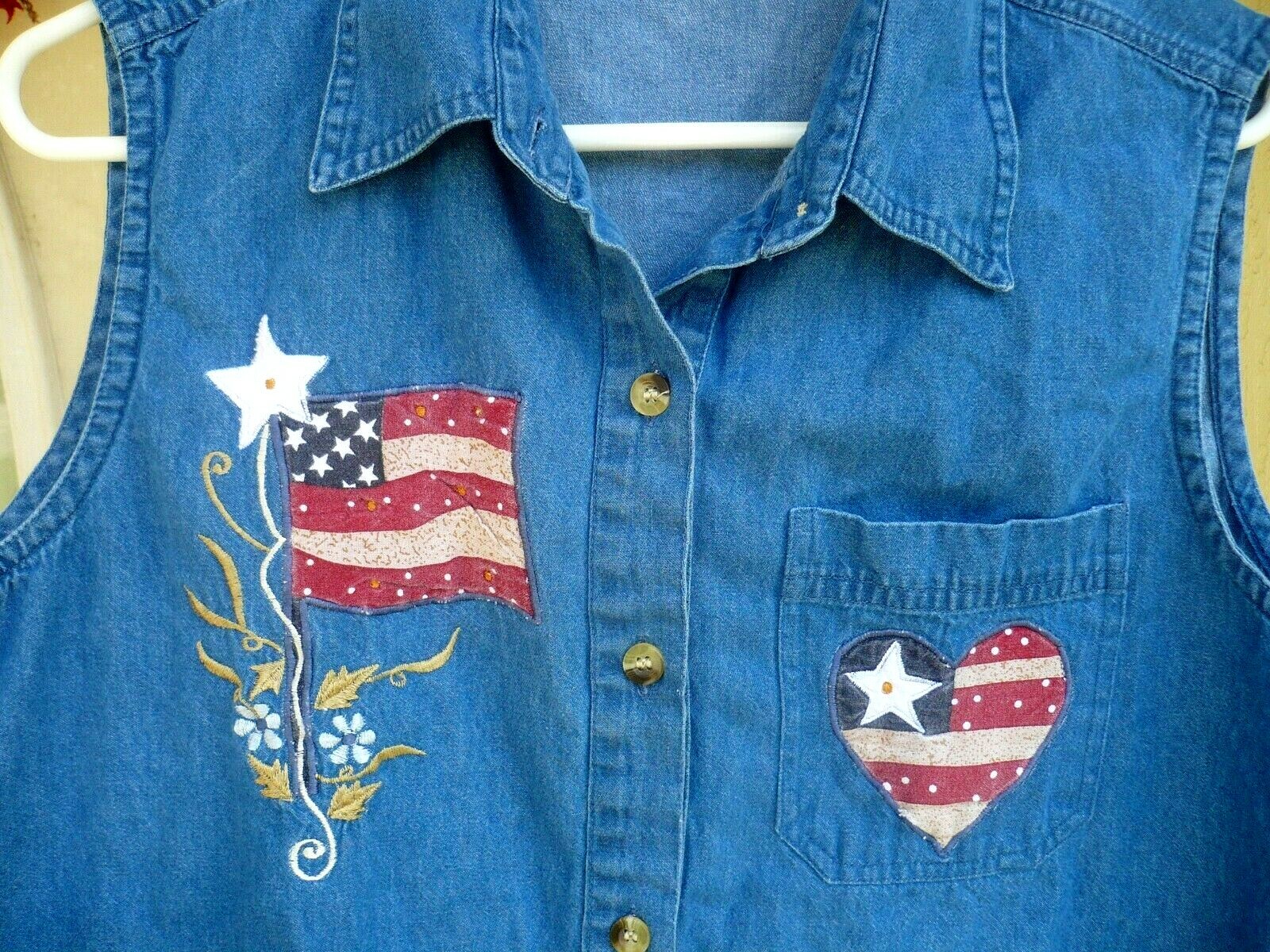VTG 90S GIALLO NAPOLI XL L DENIM PATRIOTIC FOLK USA FLAG EMBROIDERY BLOUSE WOMEN