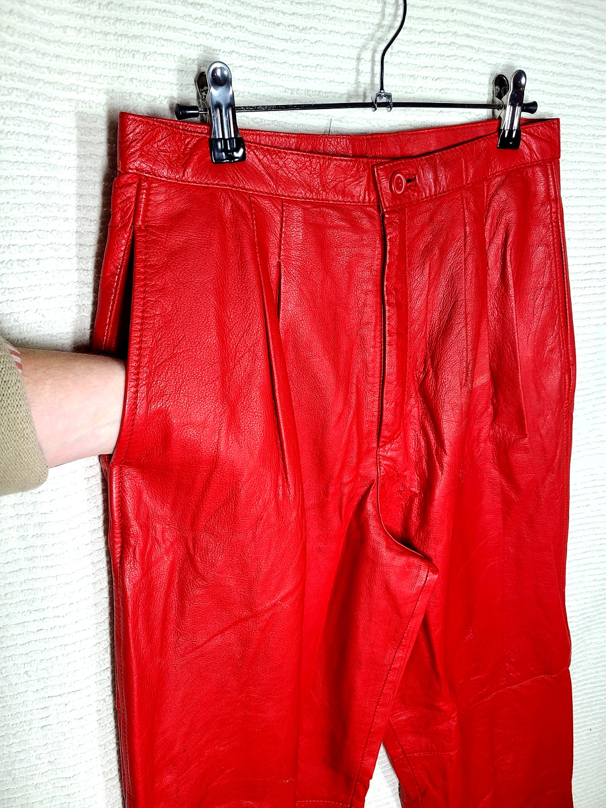 Vtg 80s Red Leather Pants Pleated High Waist 13/14 Mom Jeans Genuine Raw Hem