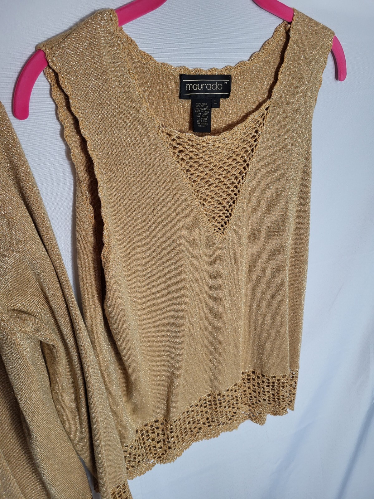 Vintage Maurada Gold Crochet Knit Women’s XL Top Cardigan Set 70s
