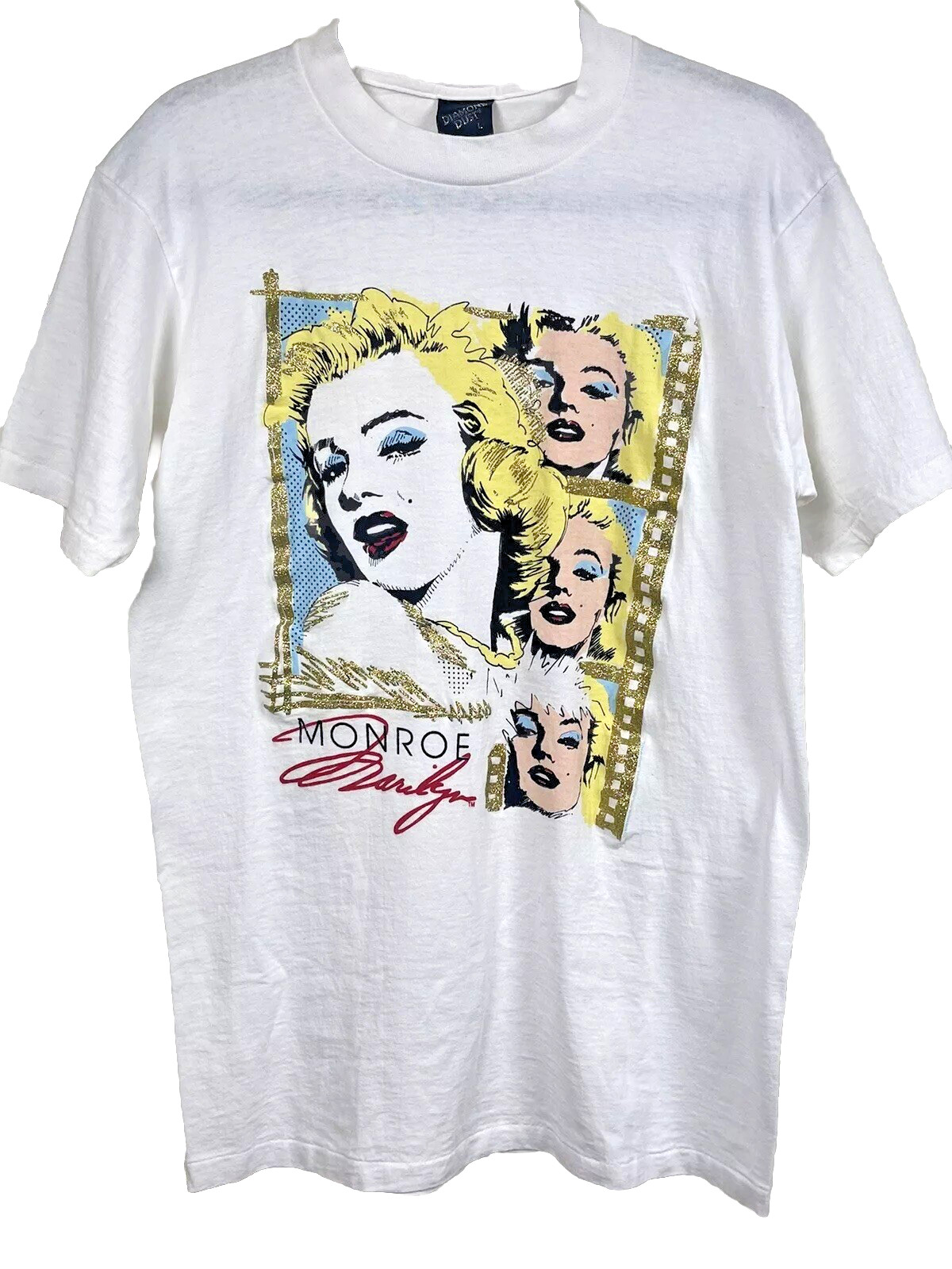 VTG Y2K US Large Diamond Dust Marilyn Monroe White Graphic T-Shirt 90’s Grunge