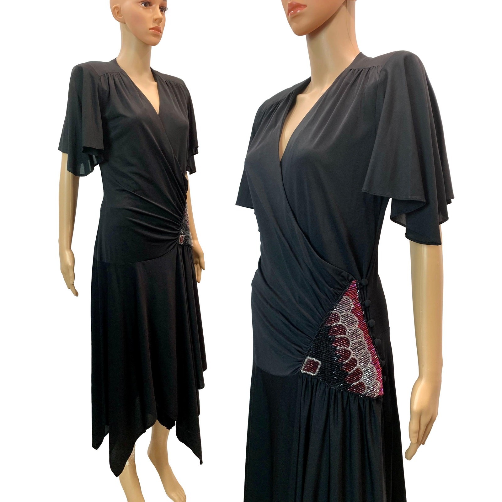 Vintage Vijack Black Beaded Wrap Dress | Nancy Bracoloni 70s 80s Scarf Hem | S