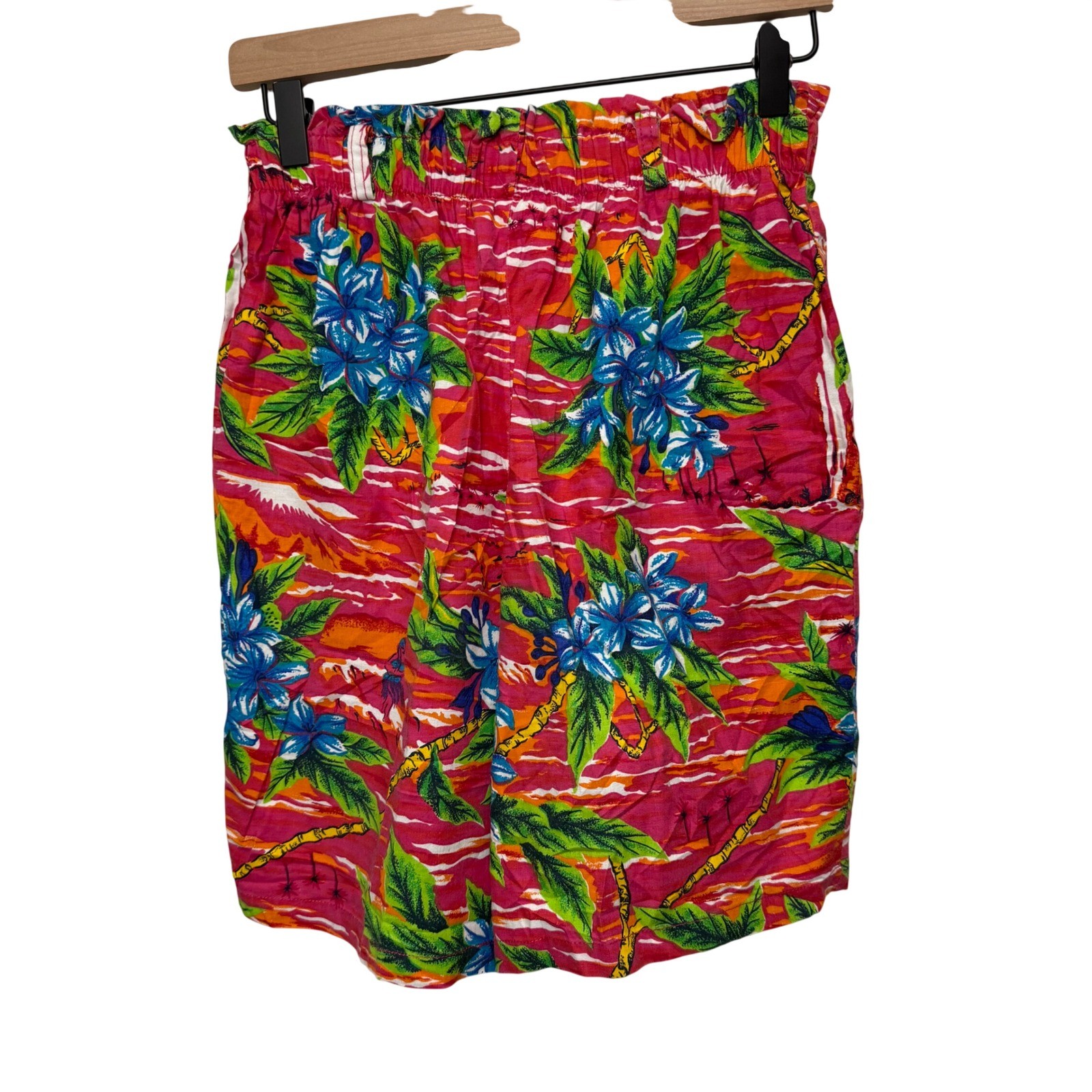Beverly Hills Blues Vintage Tropical Hawaiian High Waisted Paperbag Shorts Pink
