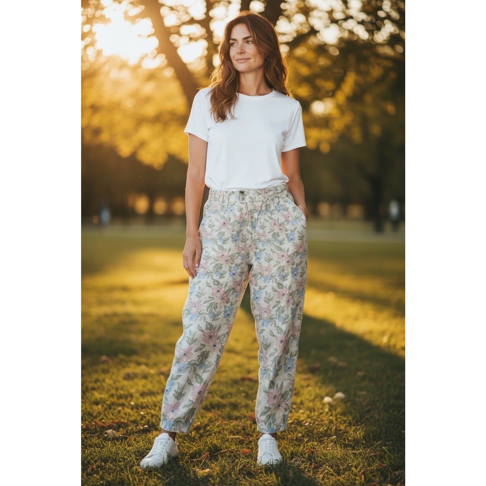 Vintage 90s Pastel Floral Linen Pants TARAZZIA Size Large Cottage Coastal Boho
