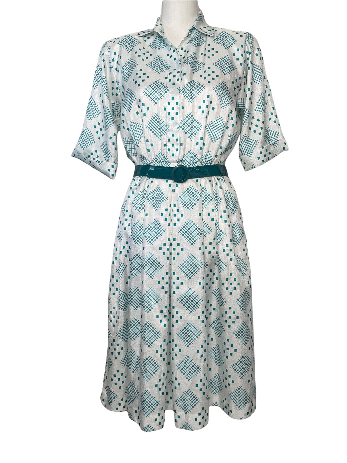 Vintage Petites By Willi Dress Sz 6 Semi Sheer Belted Gathered Waist Teal White